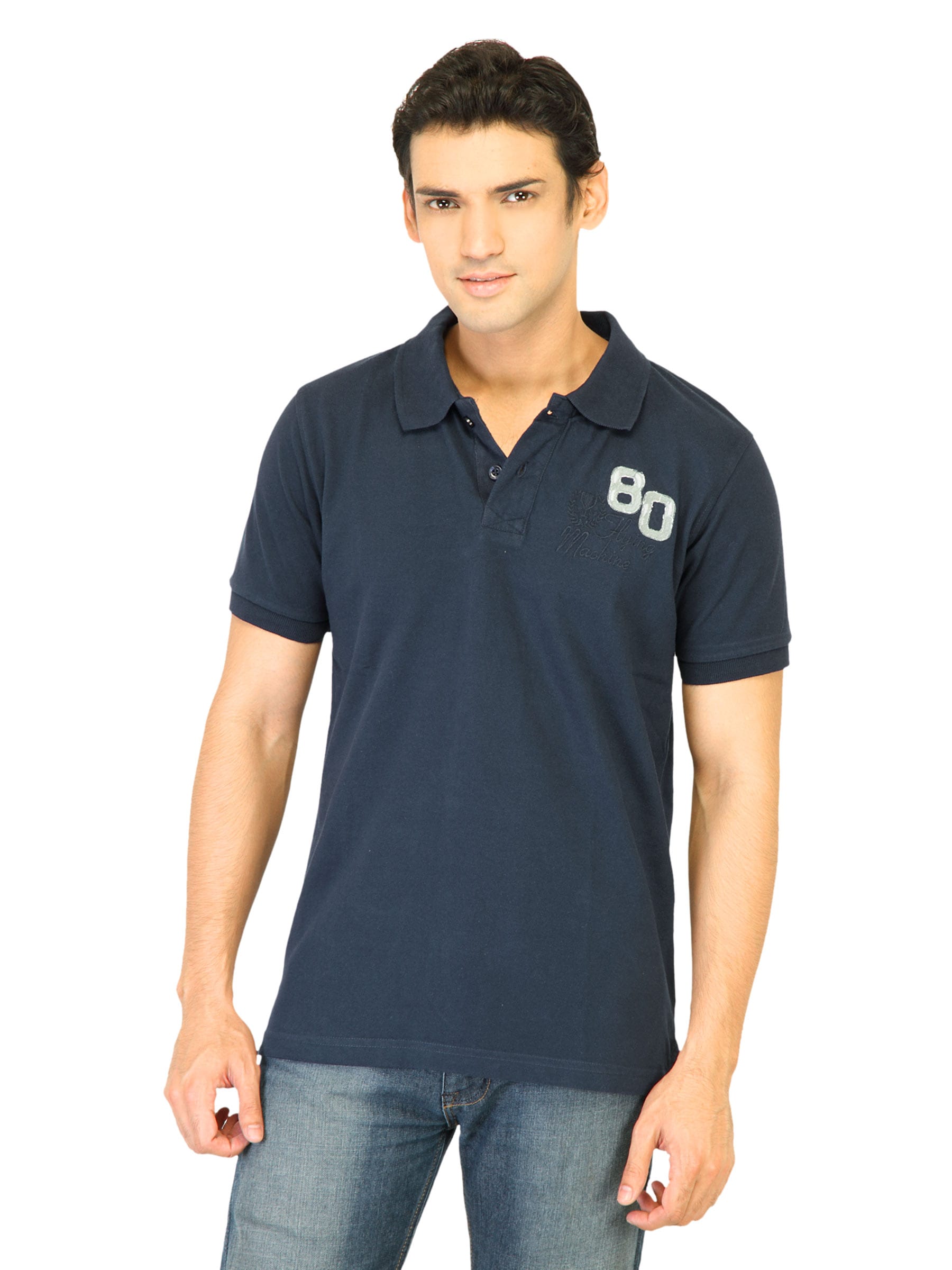 Flying Machine Men Solid Navy Blue Polo Tshirts