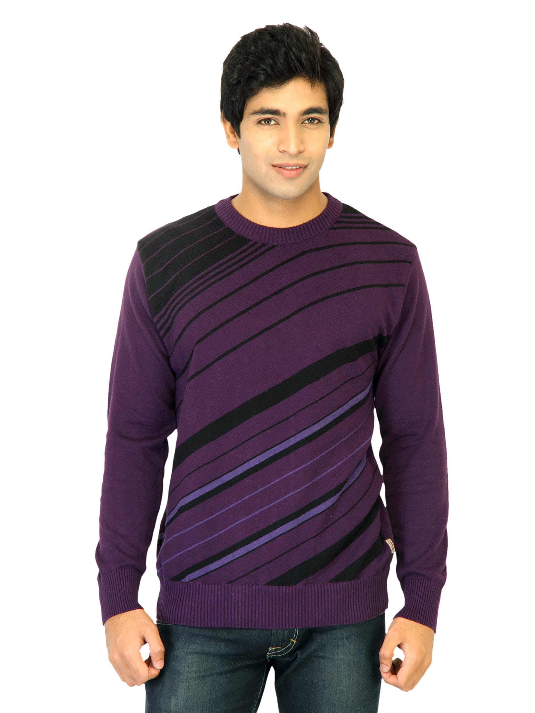 Flying Machine Men Stripes Purple Sweaters
