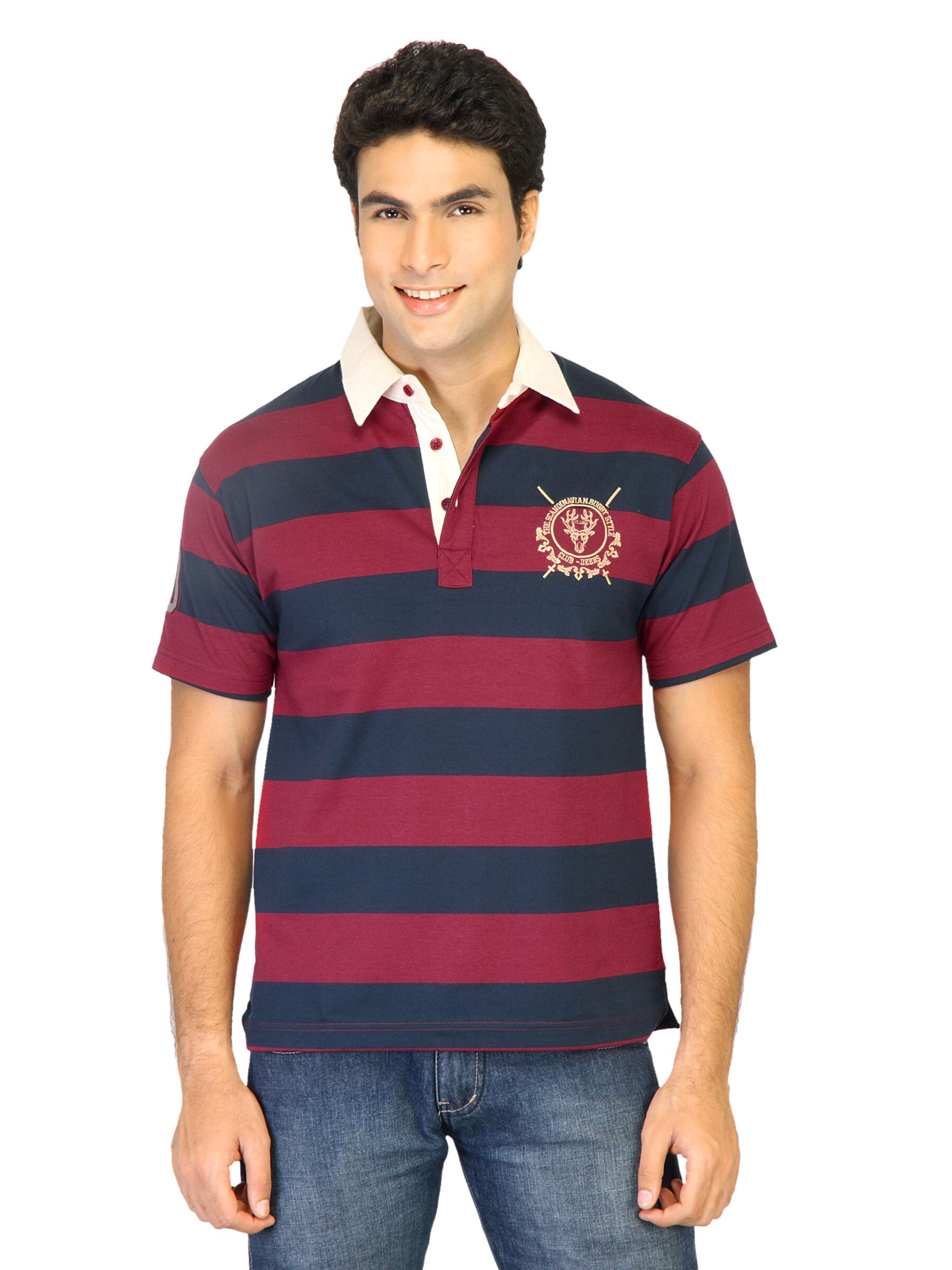 Classic Polo Men Stripes Maroon Tshirts