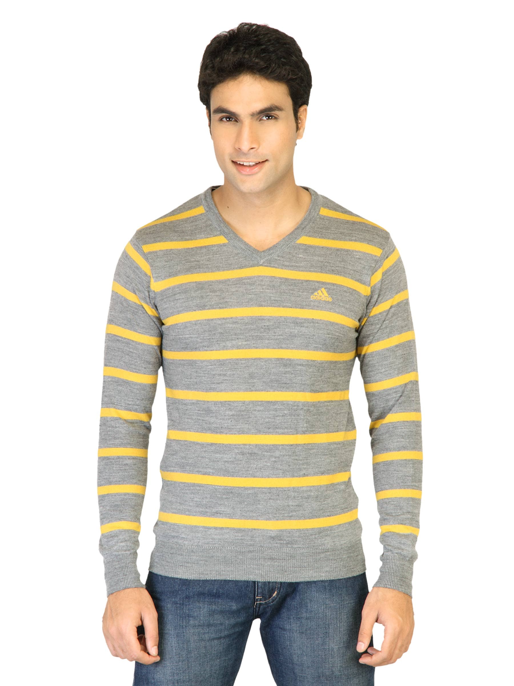 ADIDAS Men Stripes Grey Sweaters