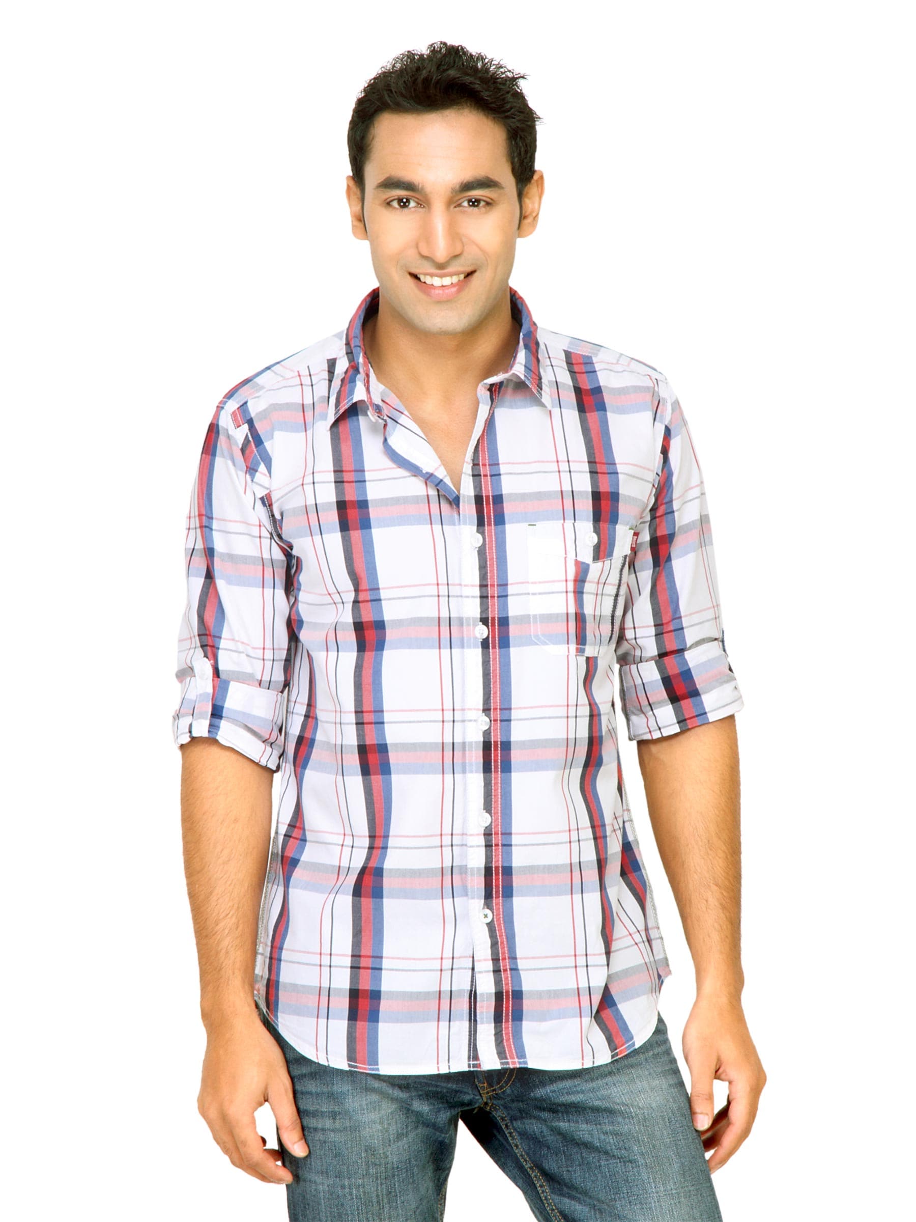 Basics Men White Slim Fit Checked Shirt