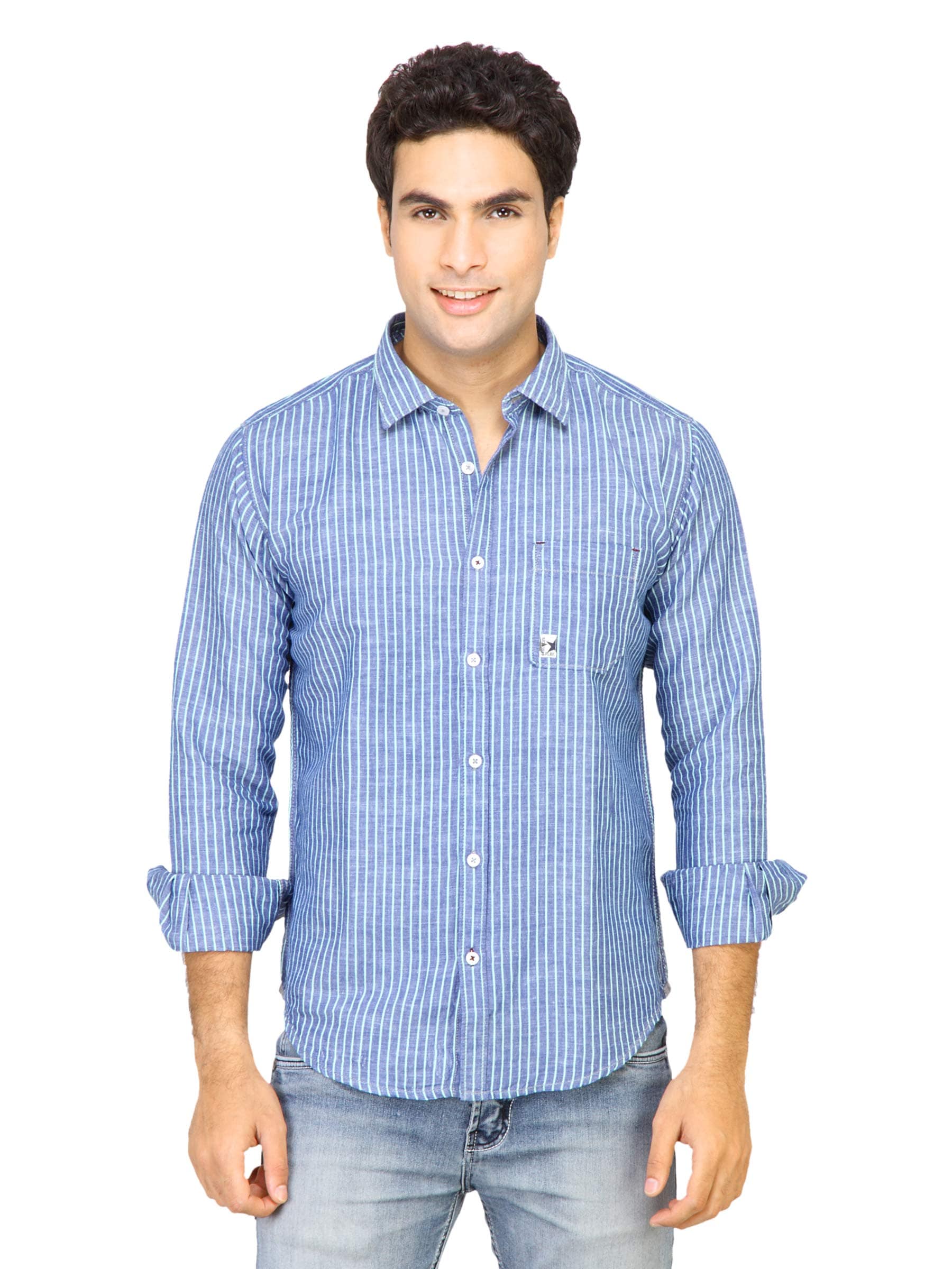 Basics Men Blue Slim Fit Striped Shirt