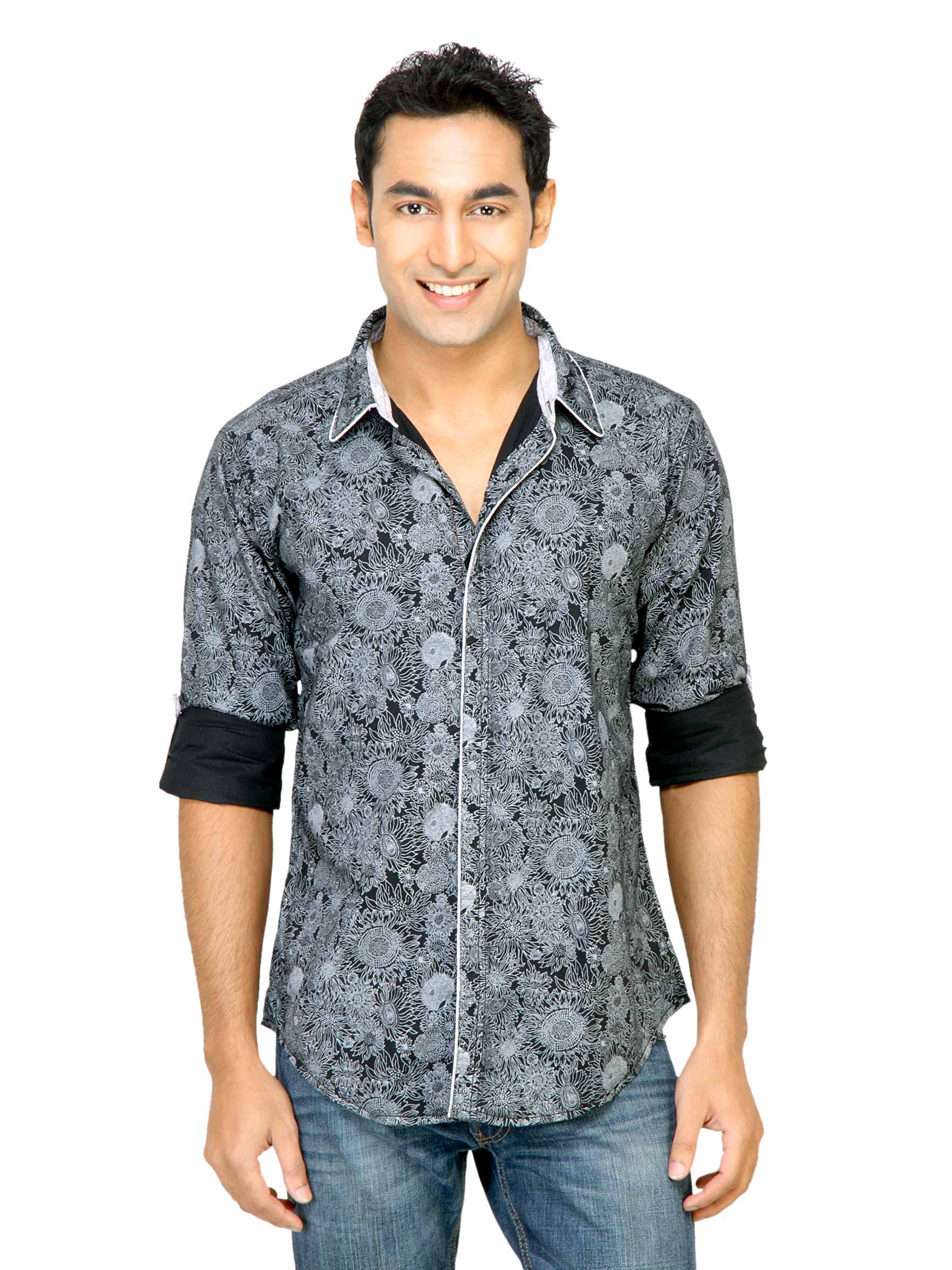 Basics Men Printed Black Slim Fit Shirt