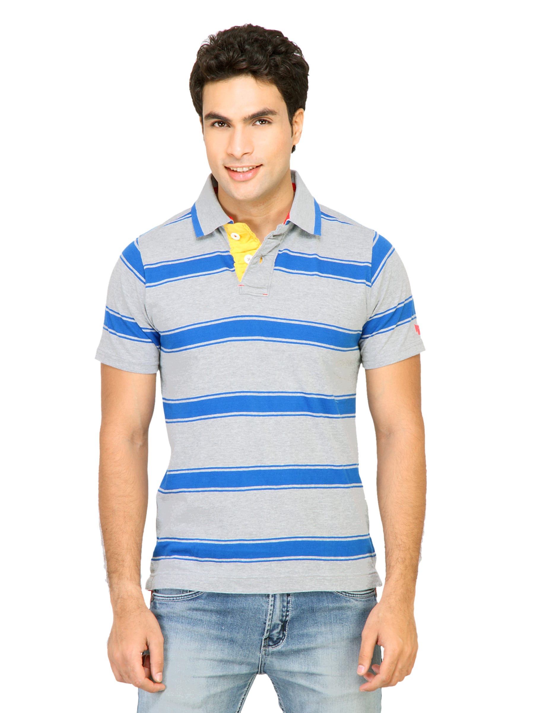 Basics Men Grey Striped Polo T-shirt