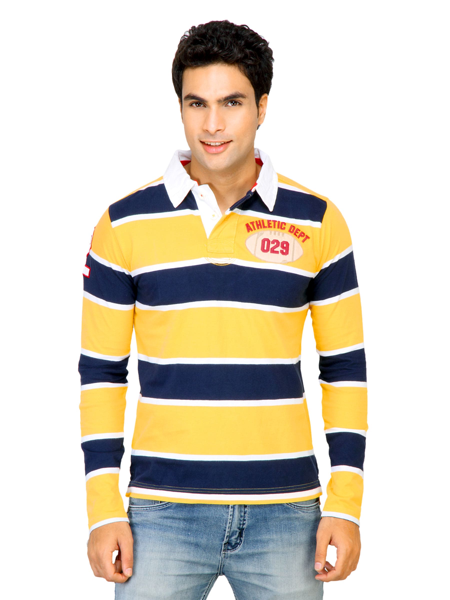 Basics Men Yellow Striped Polo T-shirt