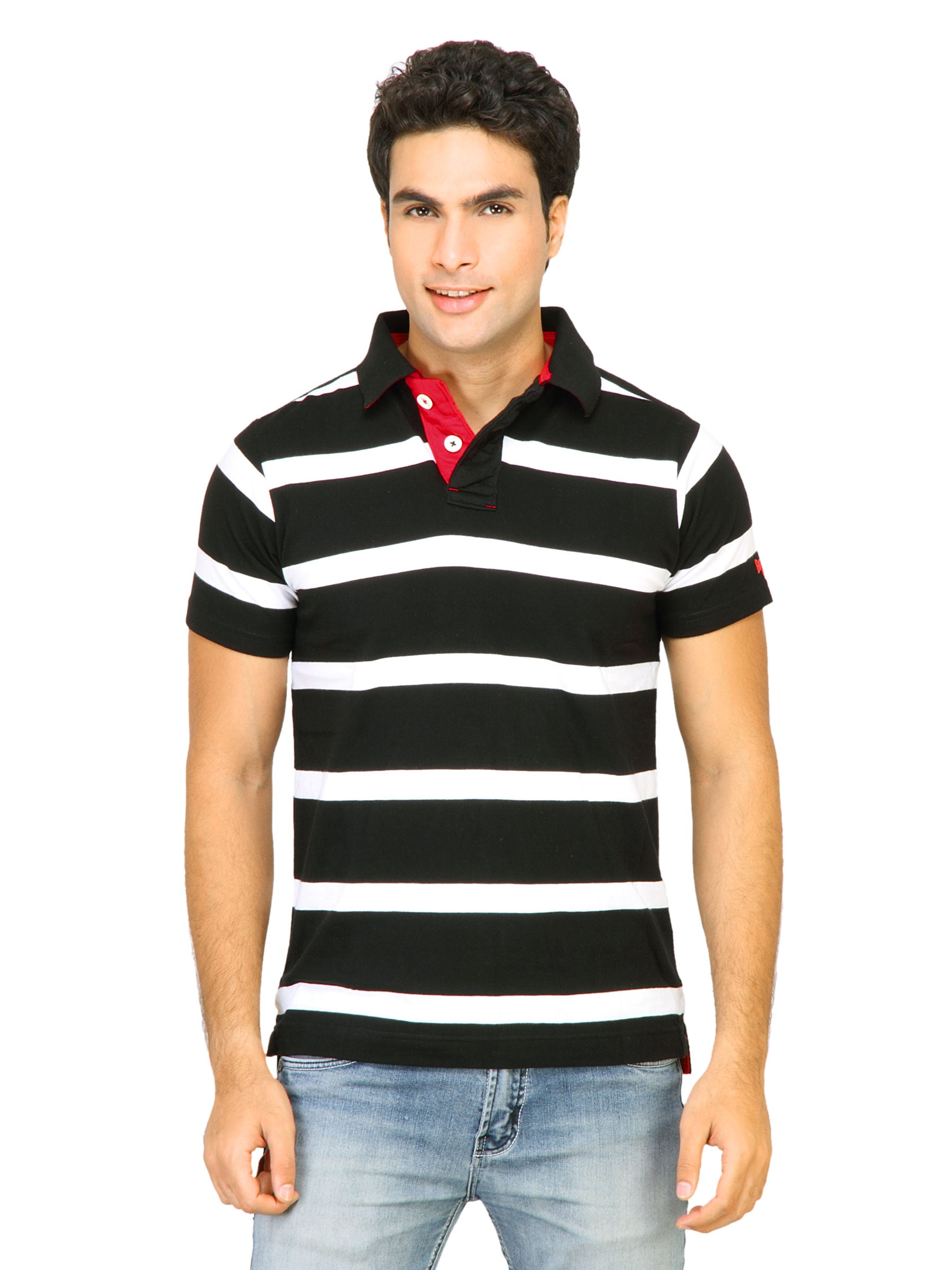 Basics Men Black Striped Polo T-shirt