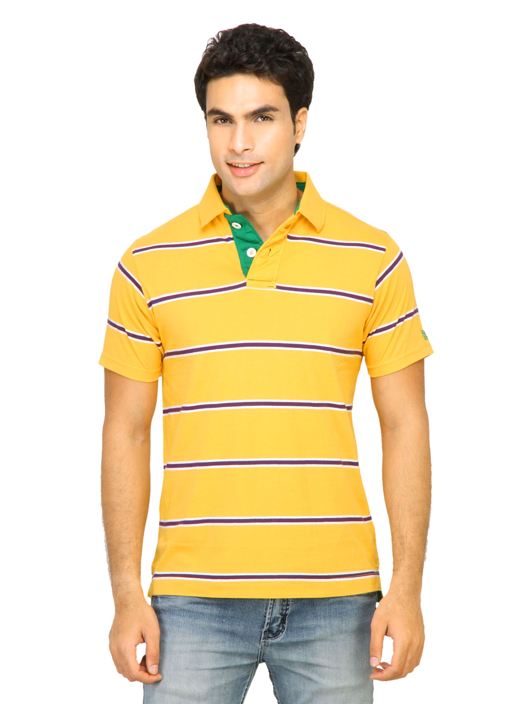 Basics Men Yellow Striped Polo T-shirt