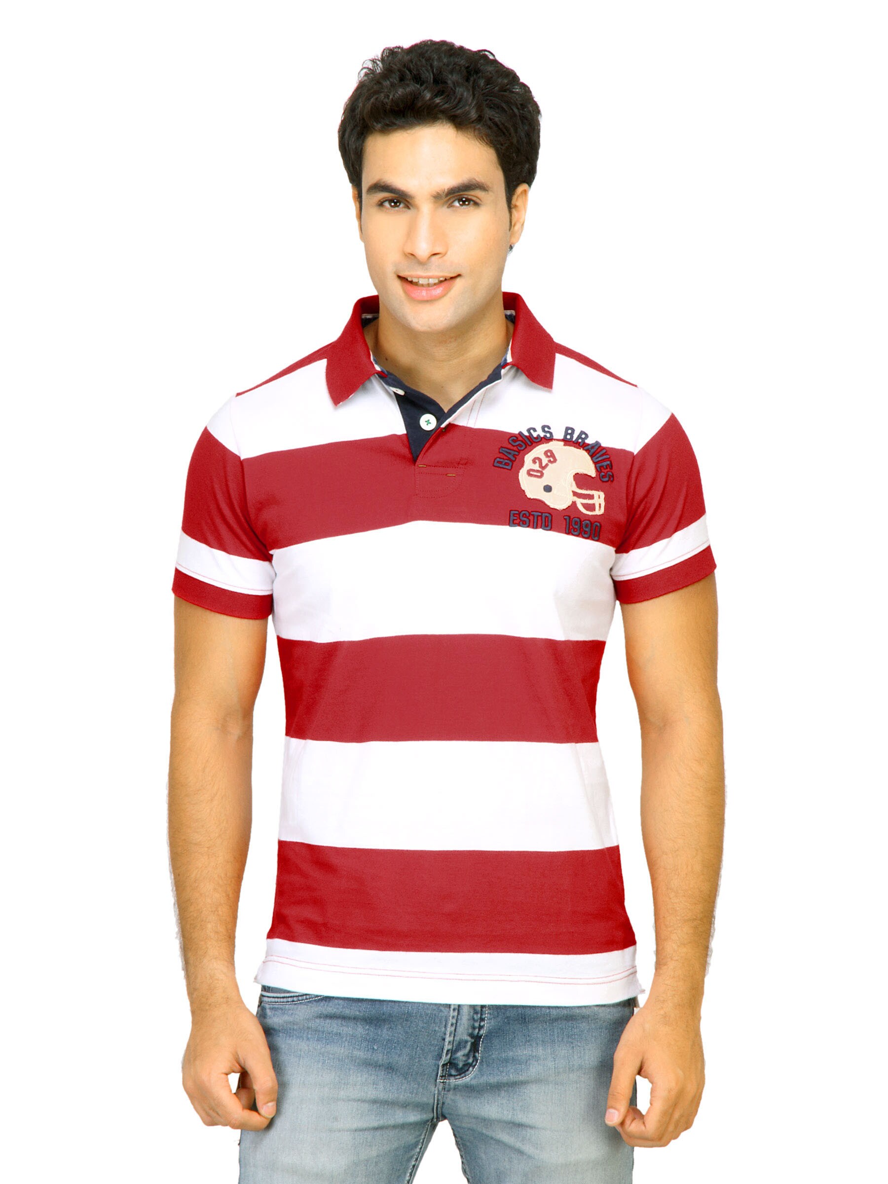 Basics Men Red Striped Polo T-shirt