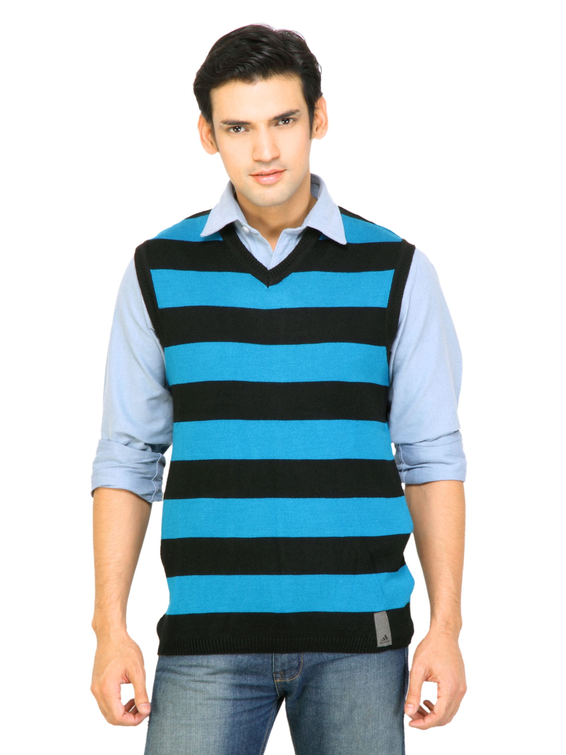 ADIDAS Men Stripes Blue Sweaters