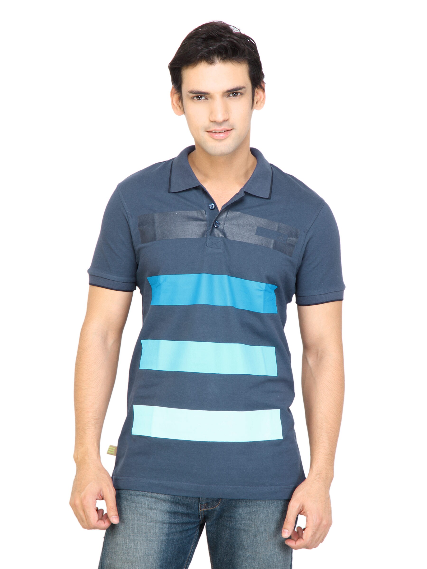 ADIDAS Men Stripes Navy Blue Polo Tshirts