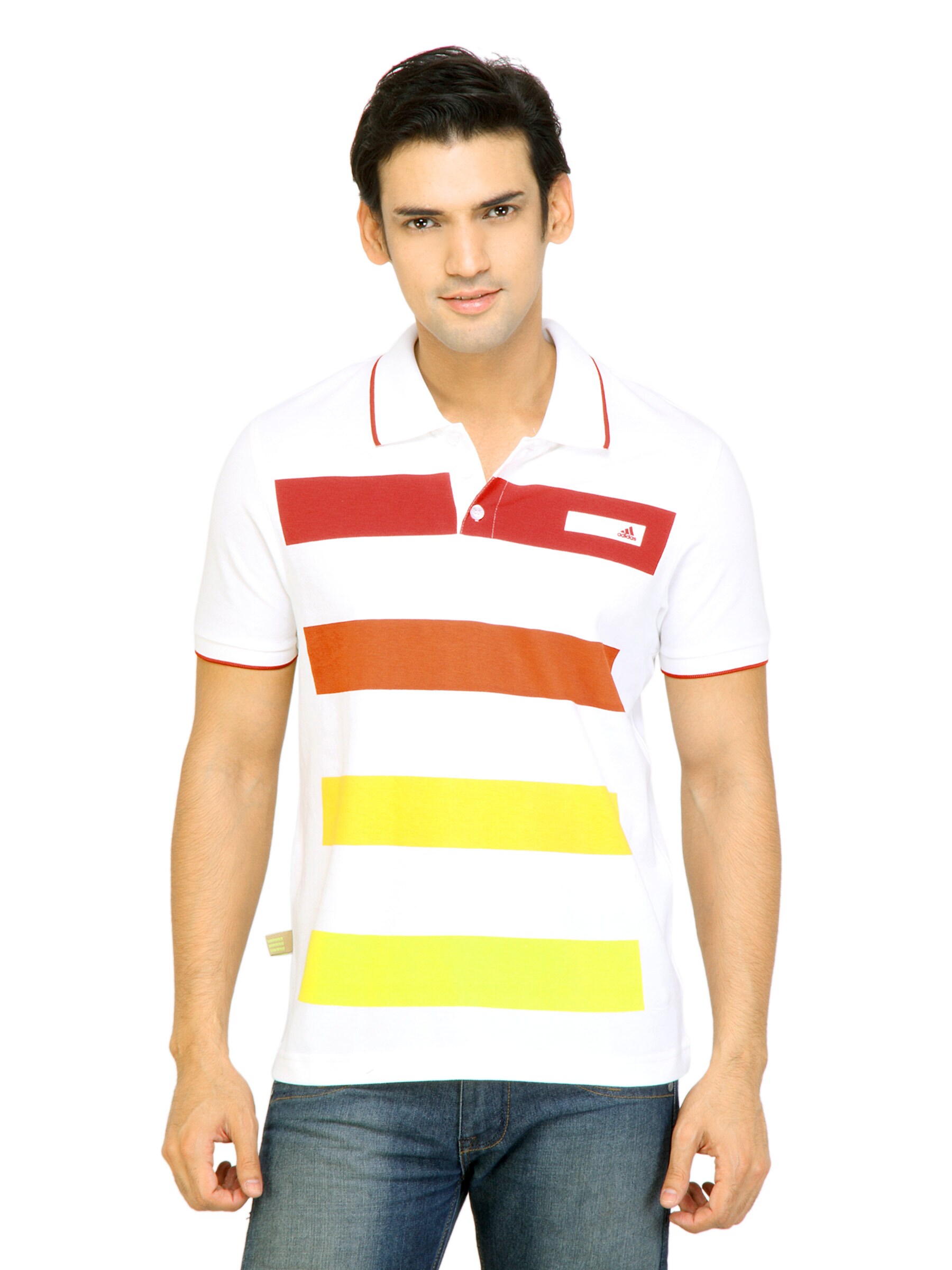 ADIDAS Men Stripes White Polo Tshirts