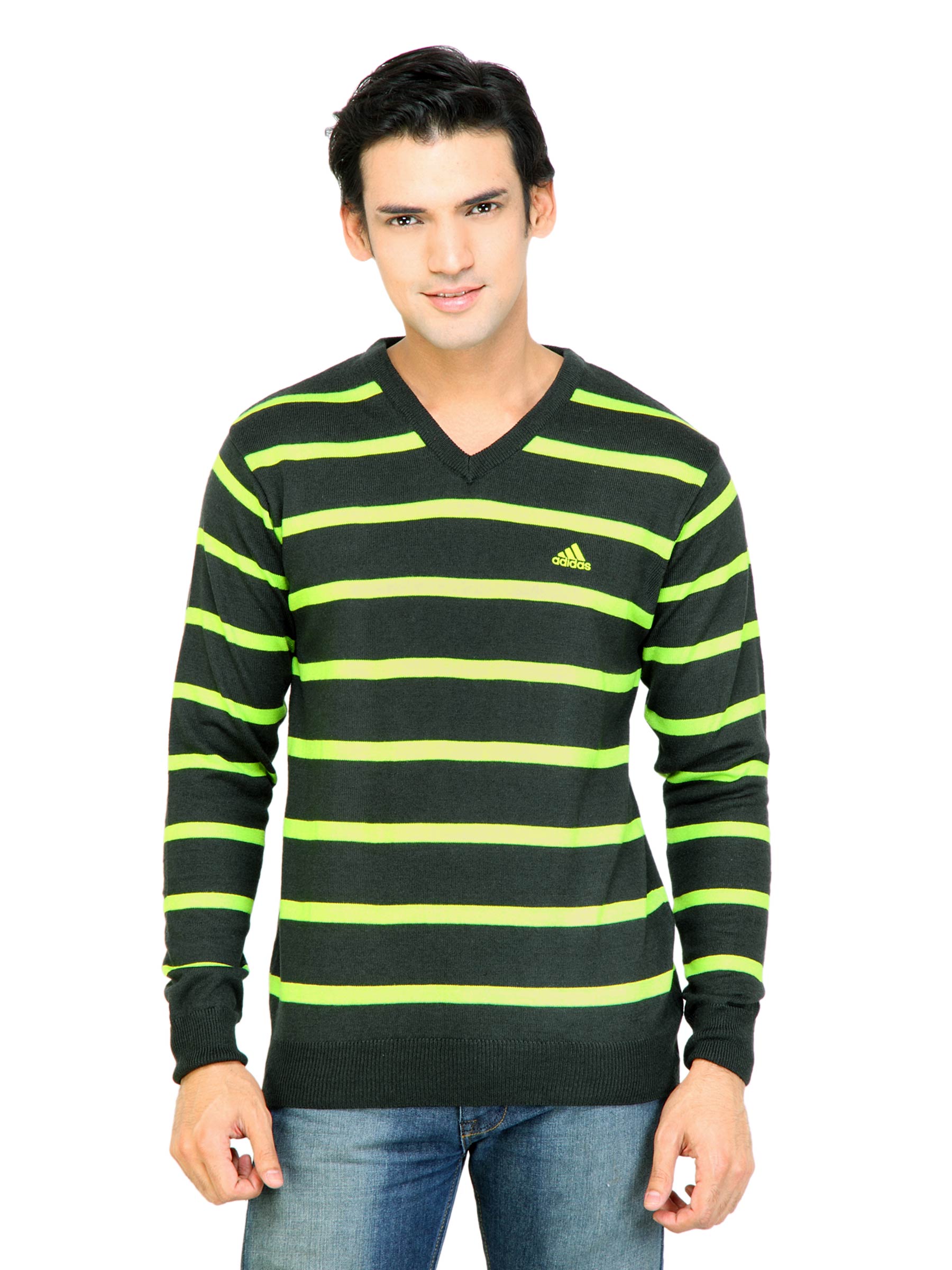 ADIDAS Men Stripes Solid Grey Sweaters