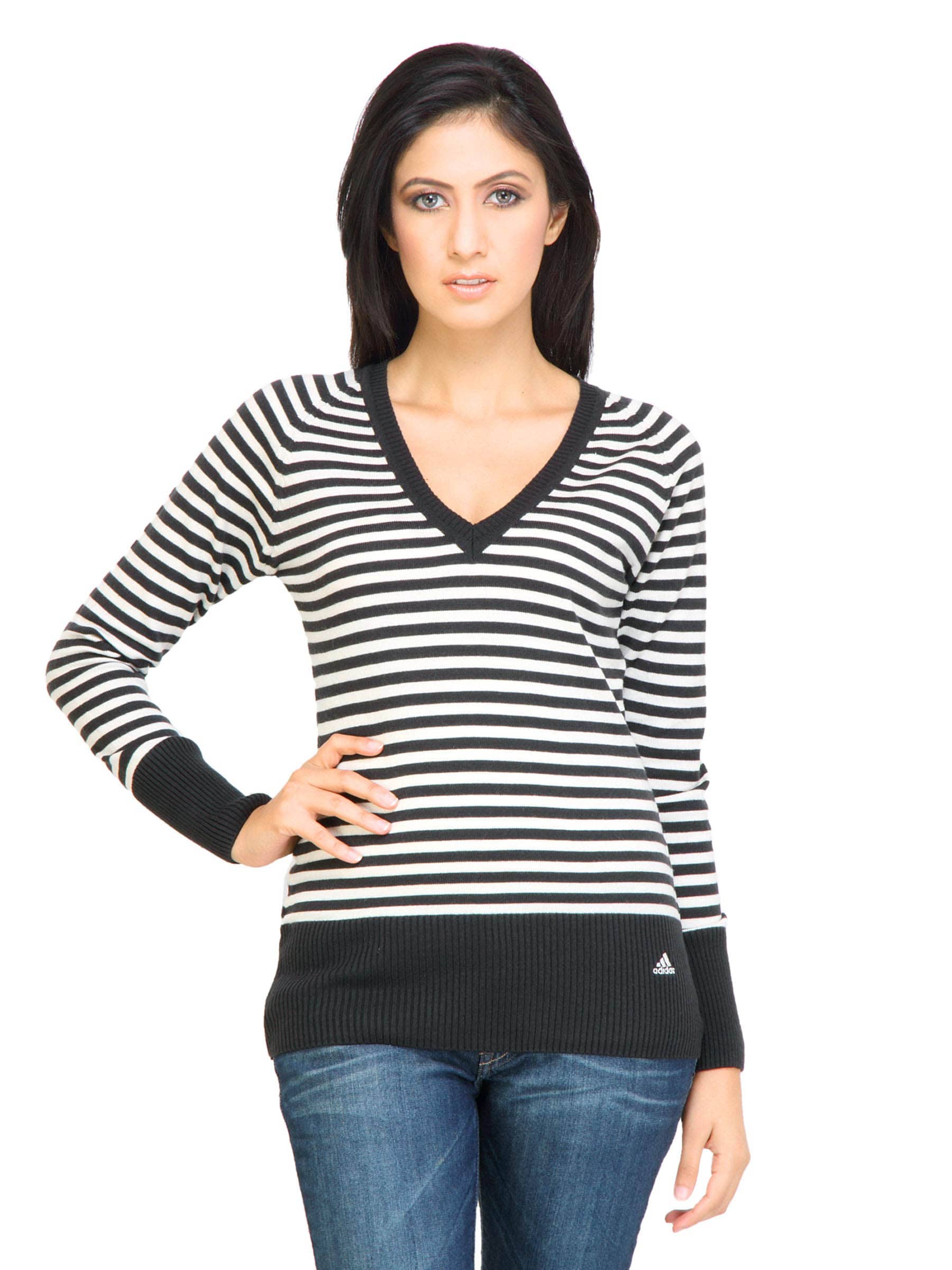 ADIDAS Women Stripes Solid Grey Sweaters