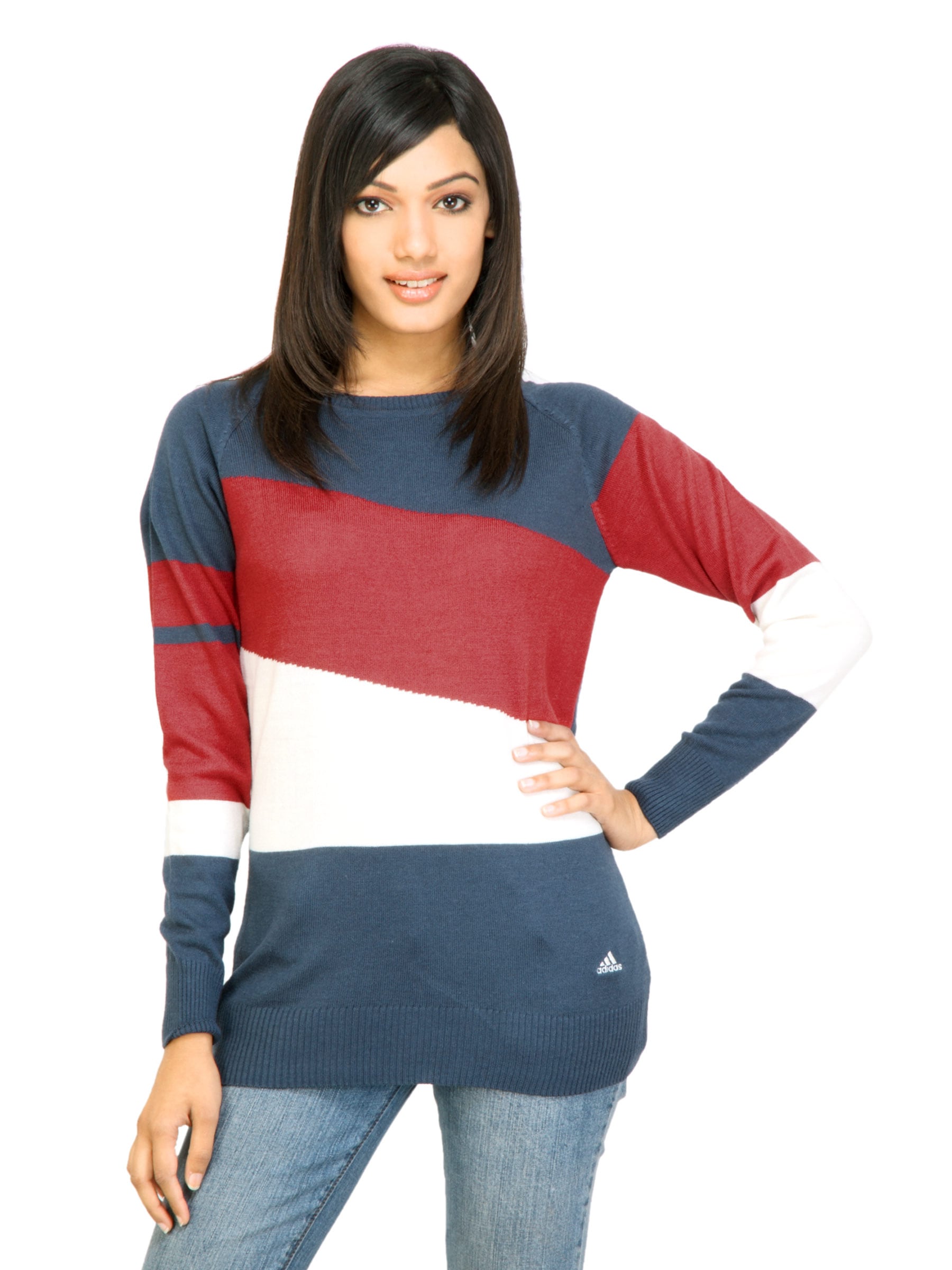 ADIDAS Women Stripes Navy Blue Sweaters