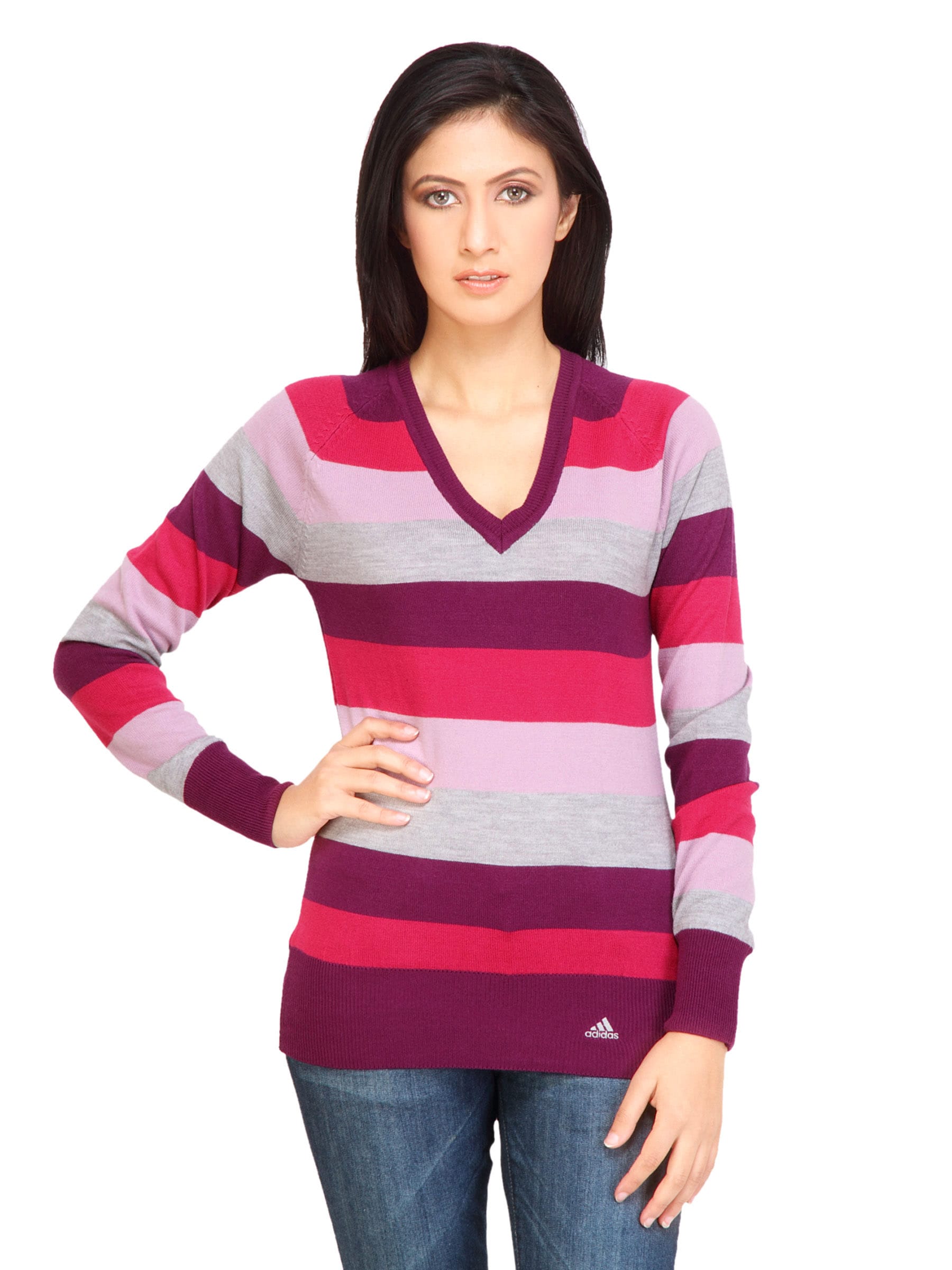 ADIDAS Women Stripes Purple Sweaters