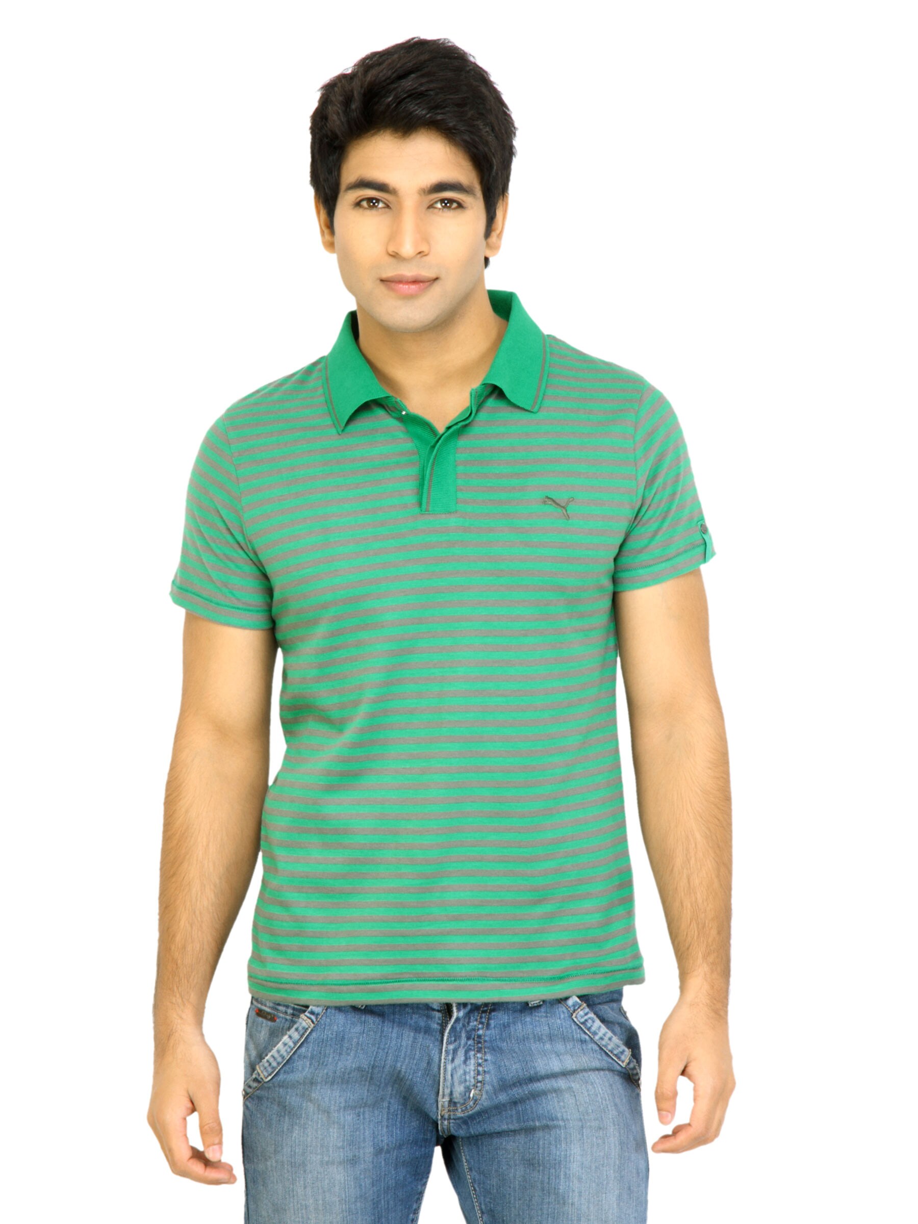 Puma Men Polo Striped Green Tshirts