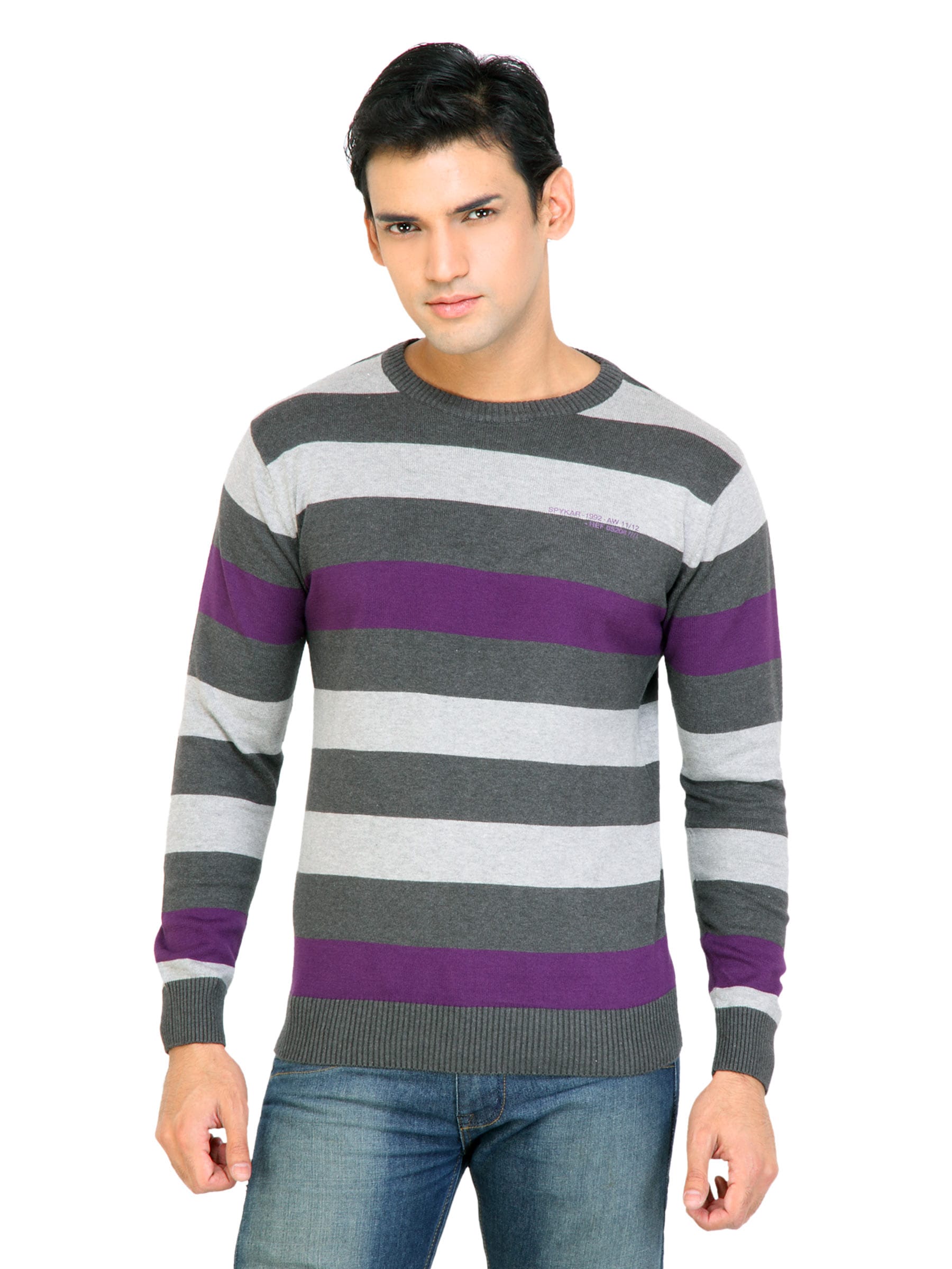 Spykar Men Stripes Grey Sweaters