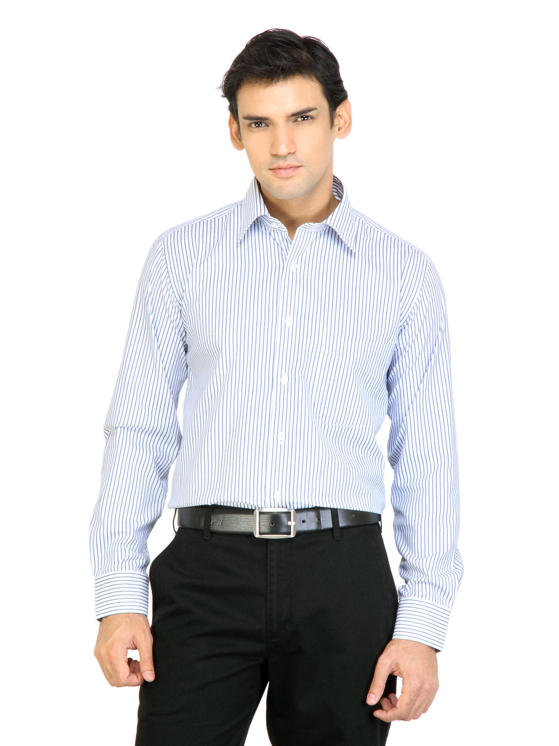 Mark Taylor Men White & Blue Striped Shirt