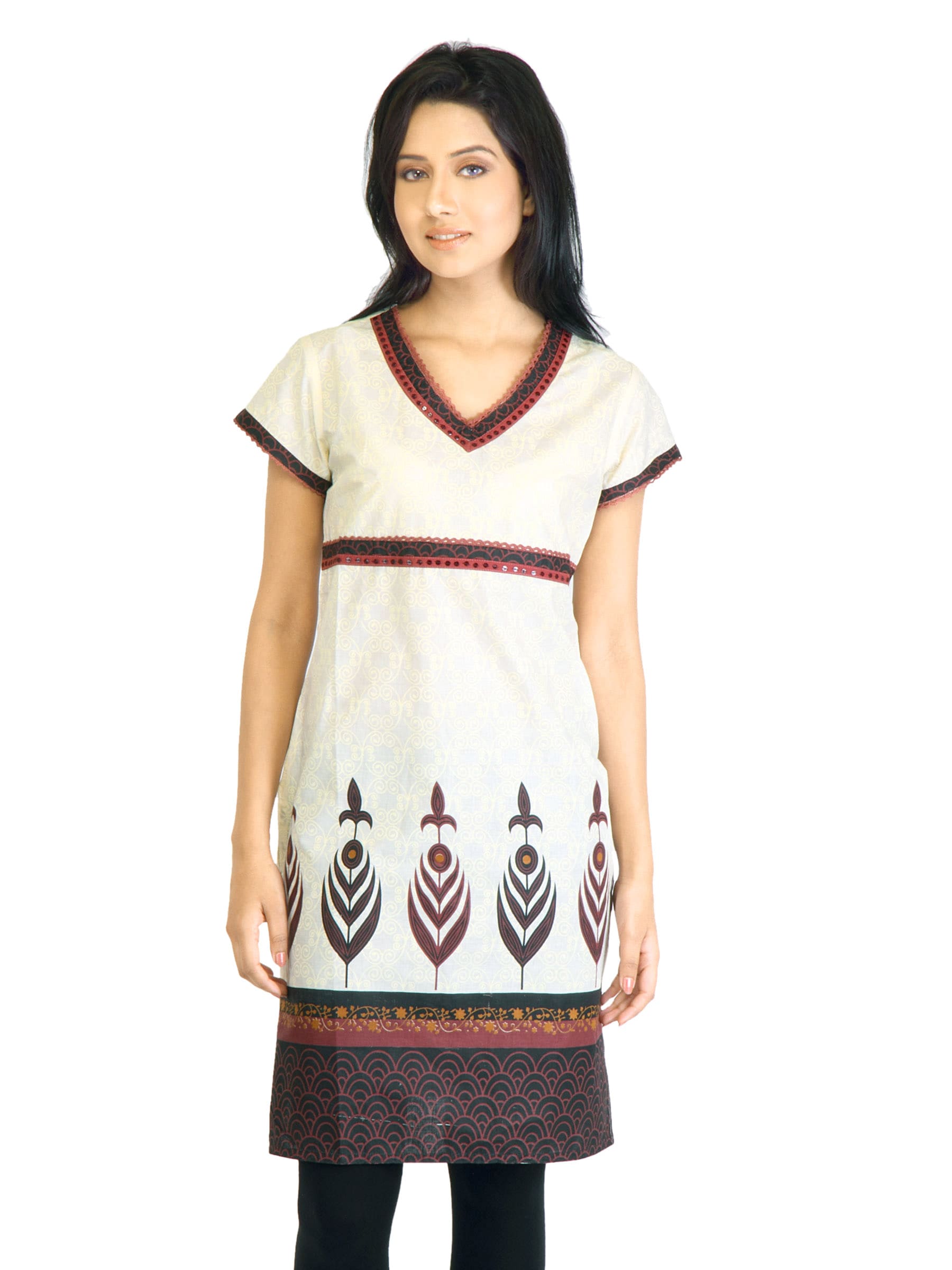 Visudh Cream Printed Ethnic Kurta