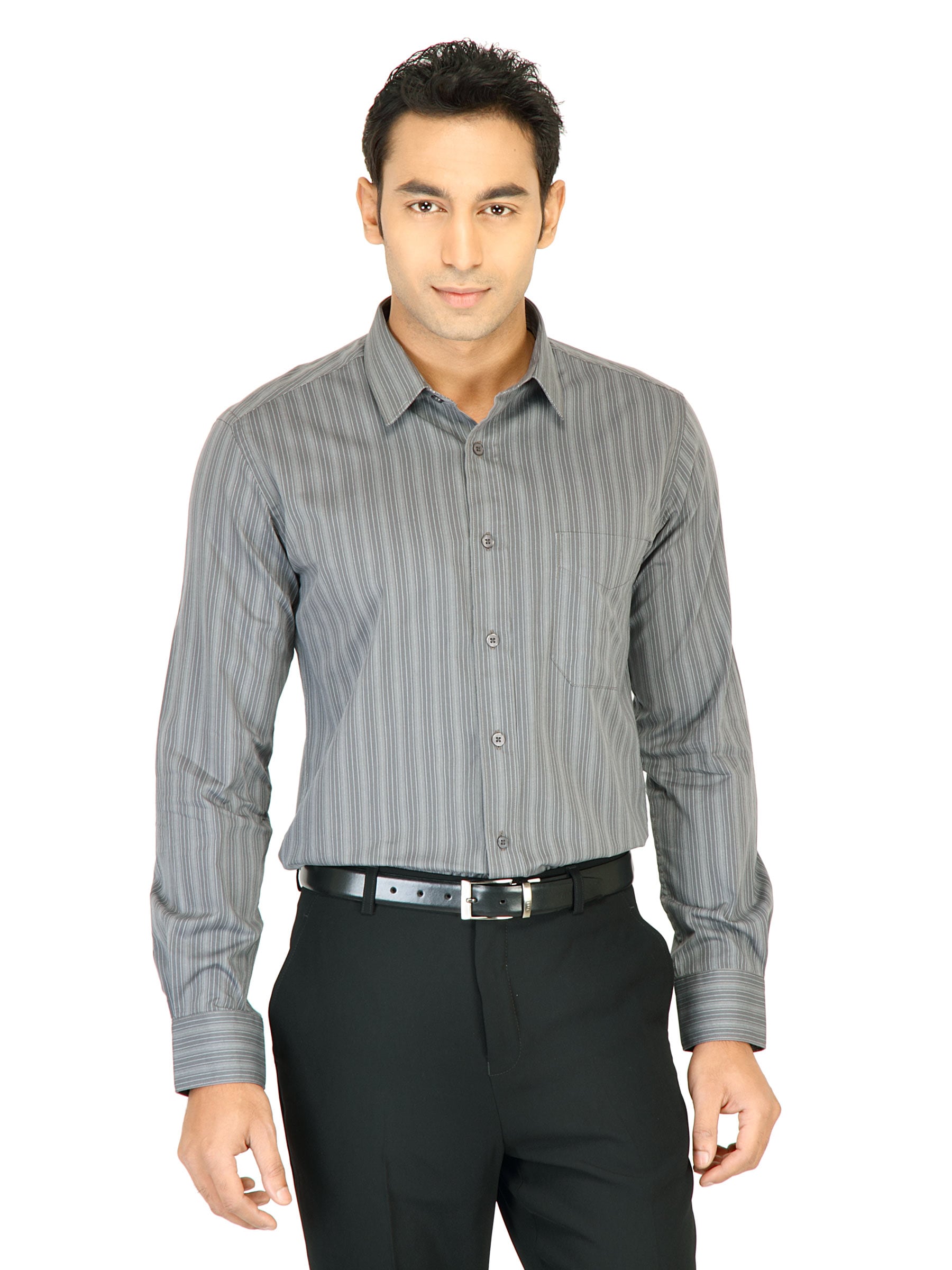 Black Coffee Men Striped Grey Slim Fit Shirt