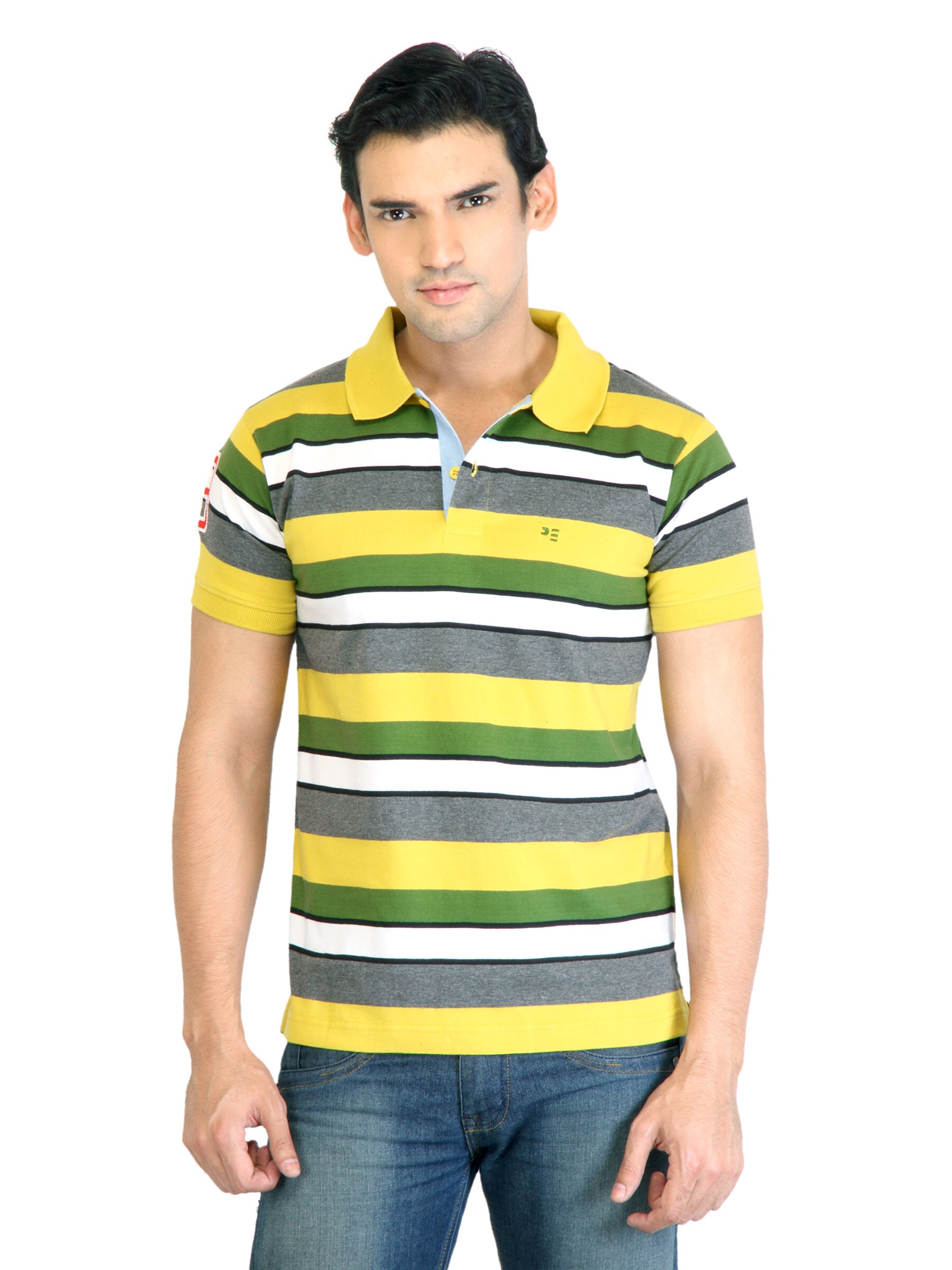 Peter England Men Stripes Yellow Polo T-Shirt