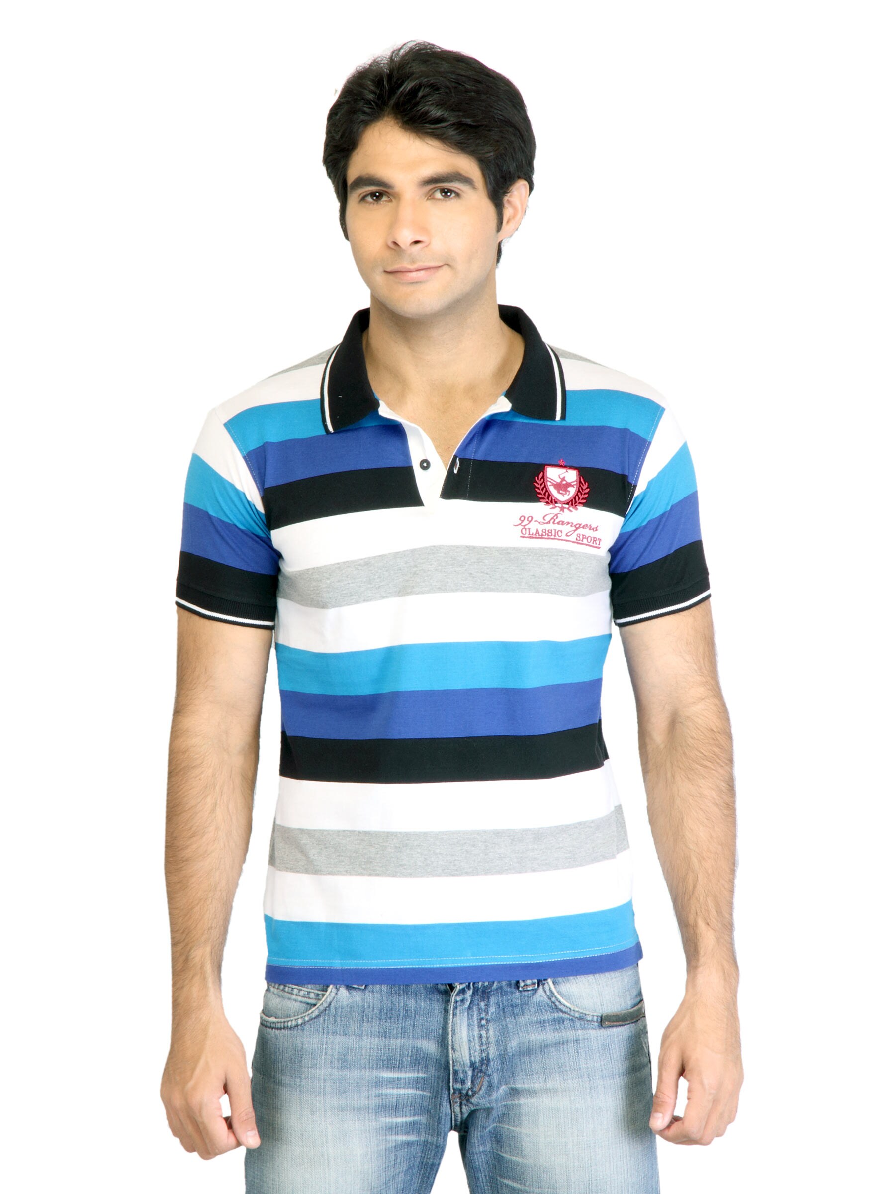 Peter England Men Stripes Blue Polo T-Shirt