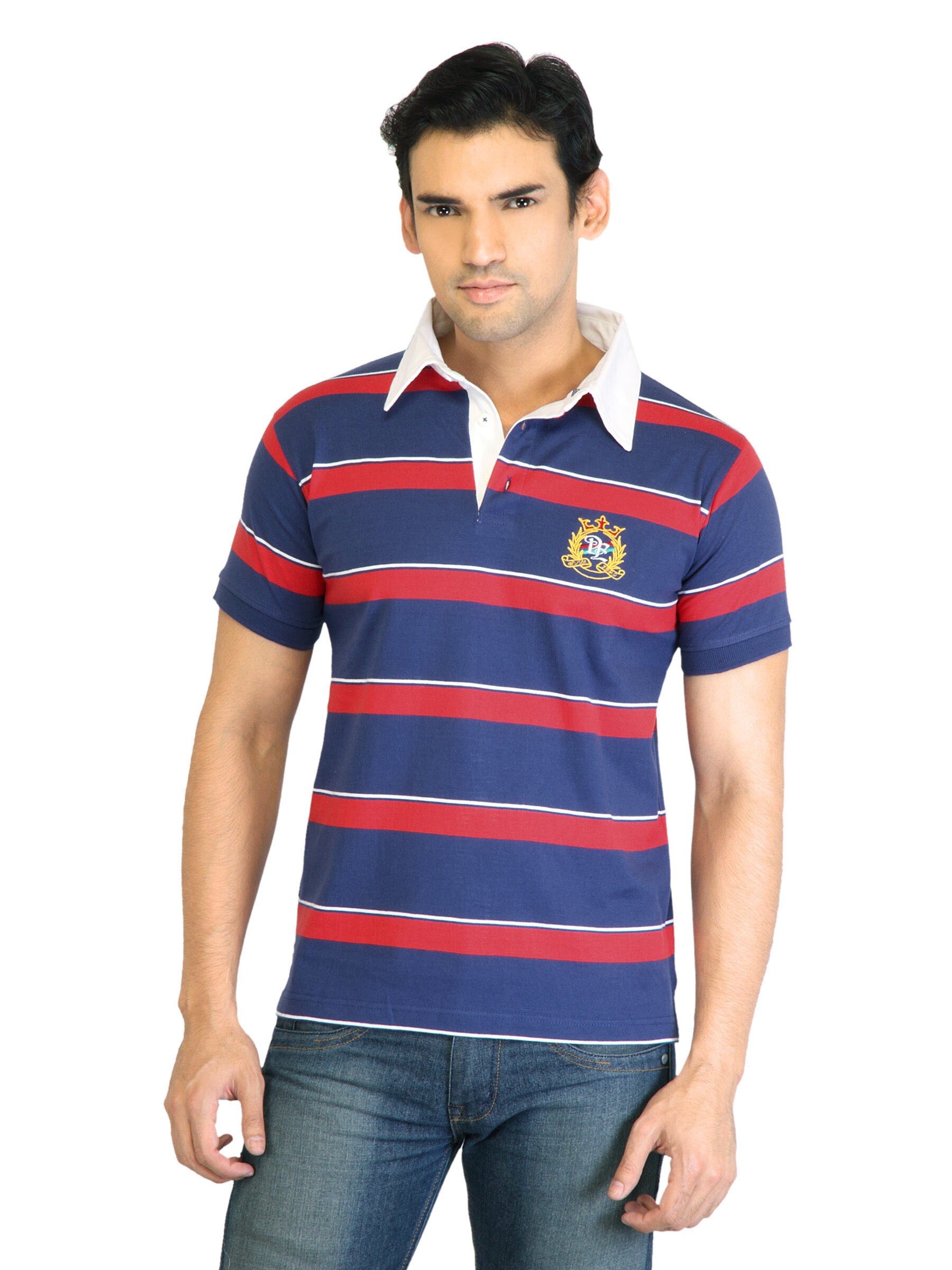 Peter England Men Stripes Navy Blue Polo T-Shirt