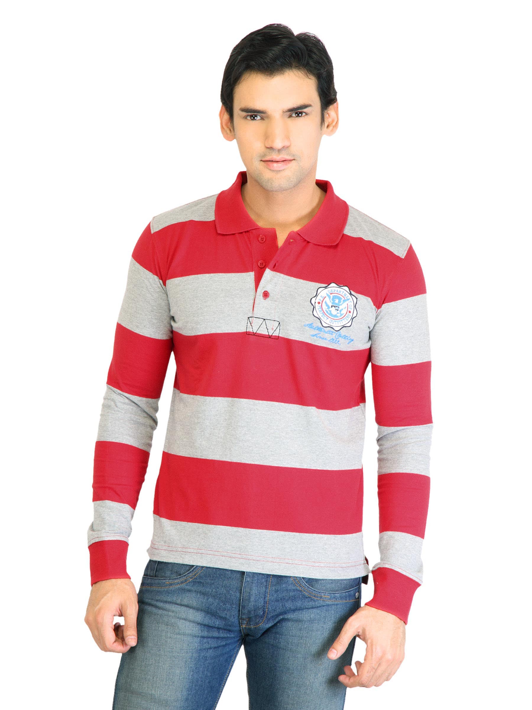 Peter England Men Stripes Red Polo T-Shirt