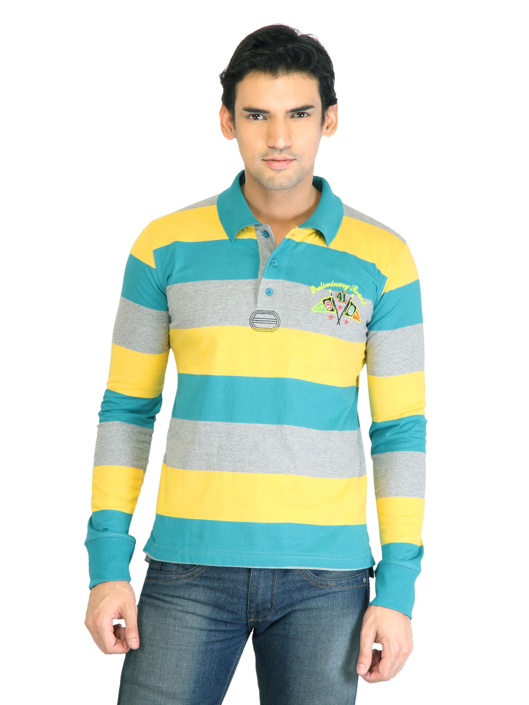 Peter England Men Stripes Yellow Polo T-Shirt