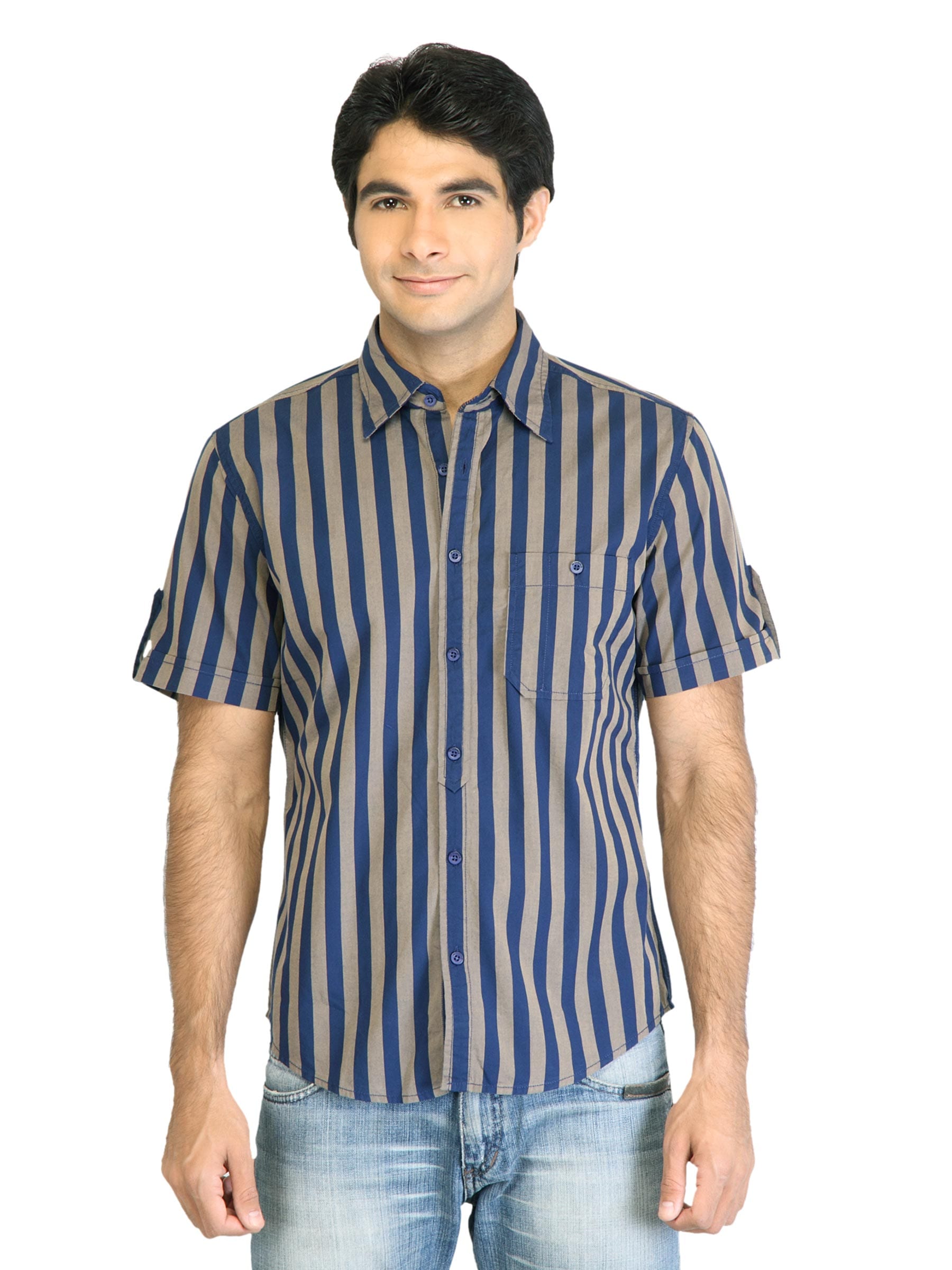Peter England Men Stripes Navy Blue Shirt