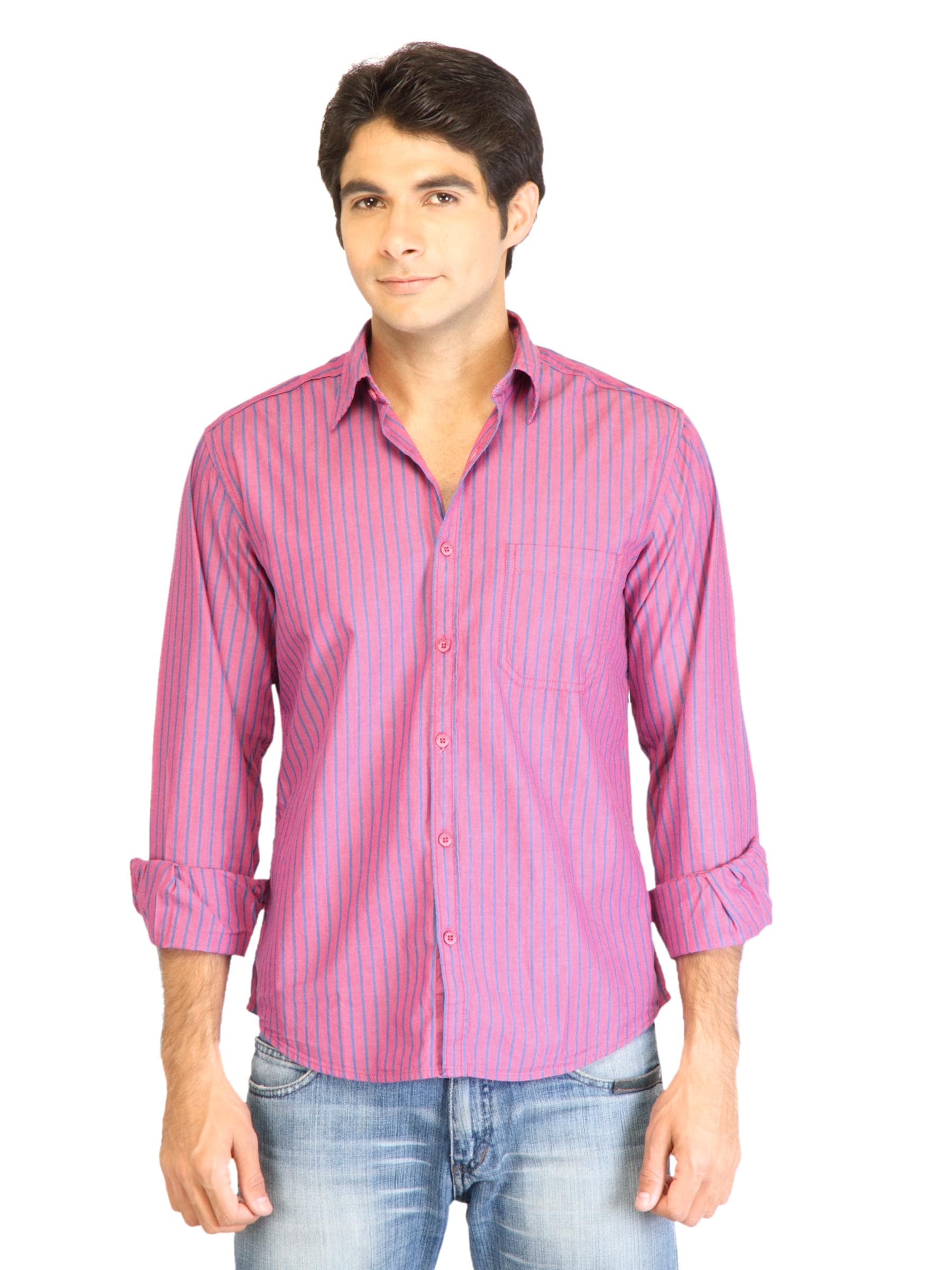 Peter England Men Stripes Pink Shirt