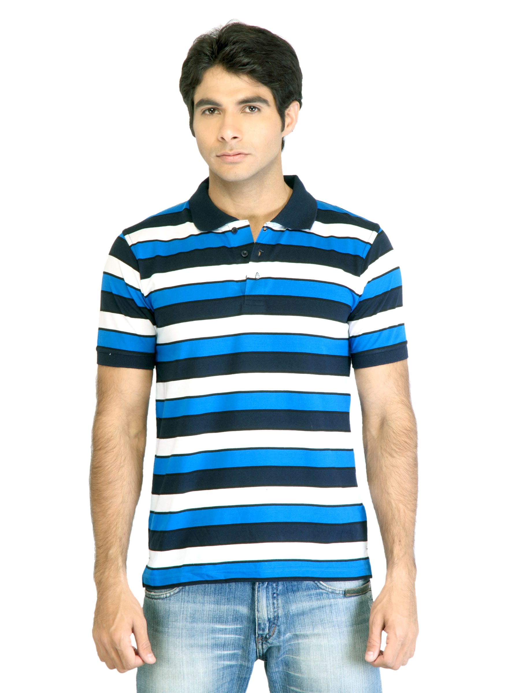 Peter England Men Stripes Blue Polo T-Shirt