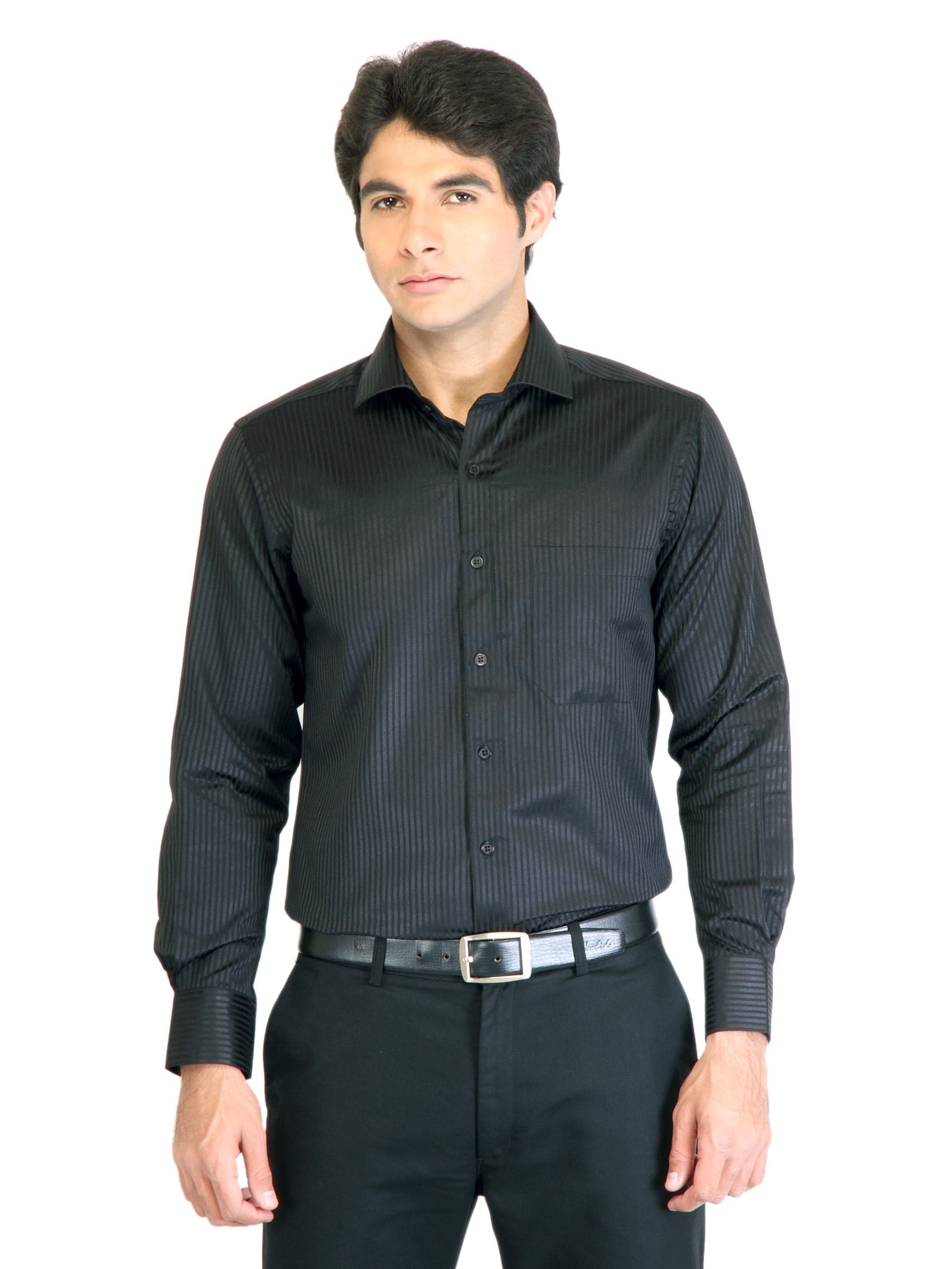 Peter England Men Stripes Black Shirt