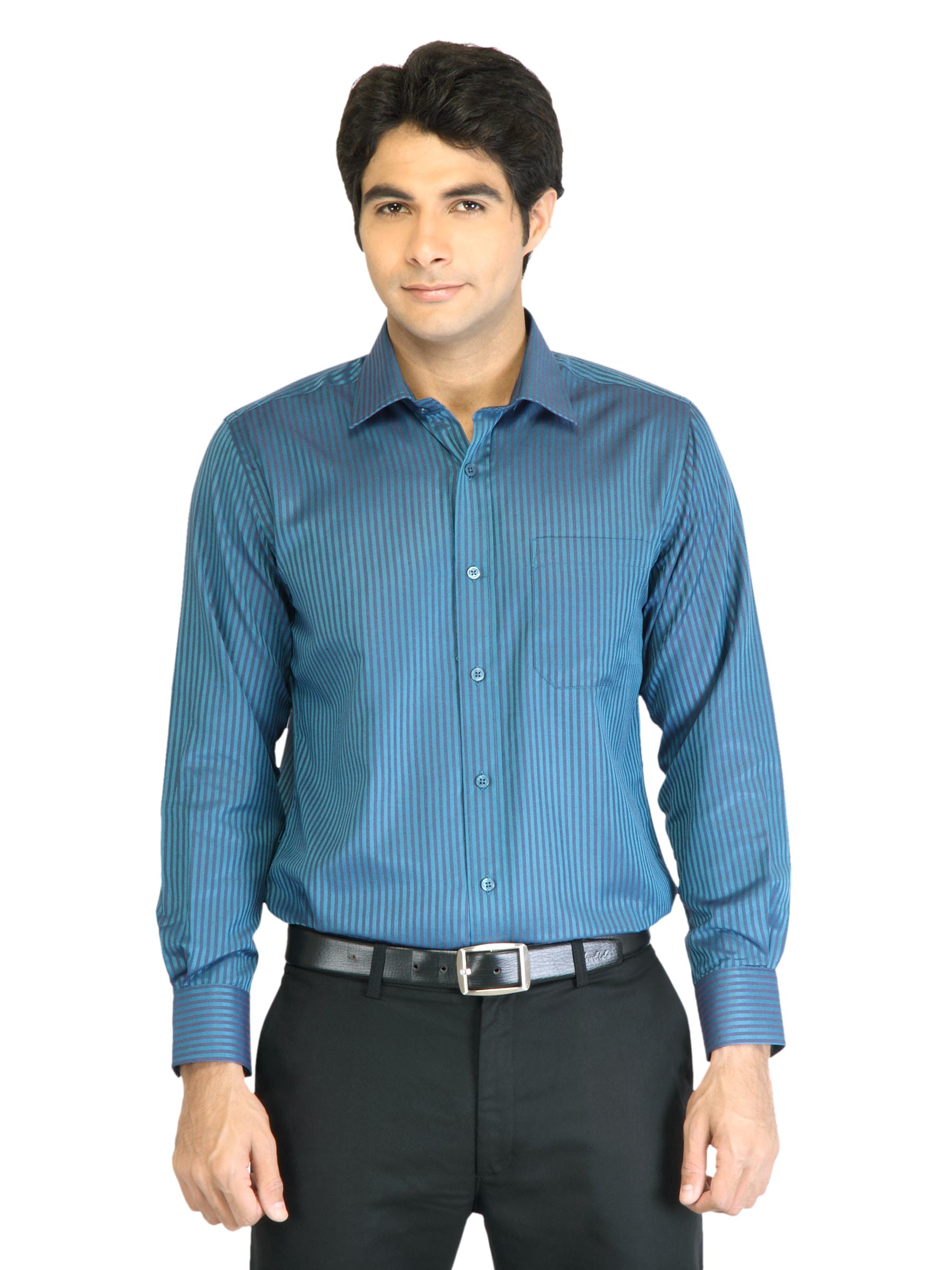 Peter England Men Stripes Blue Shirt