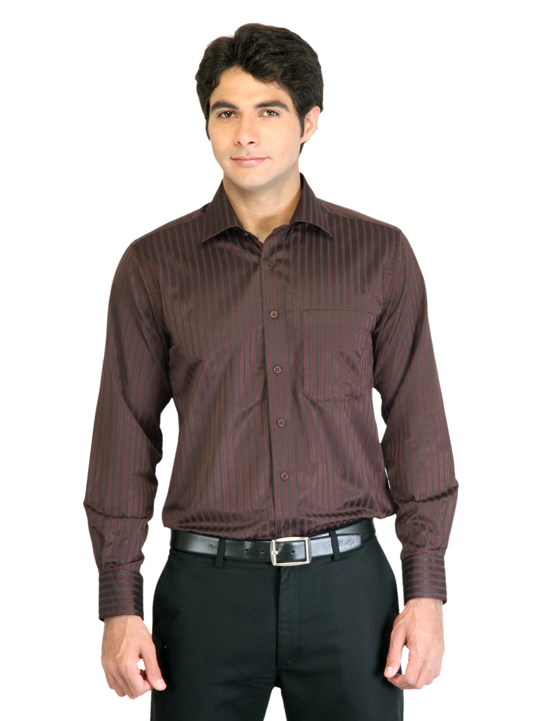 Peter England Men Stripes Maroon Shirt