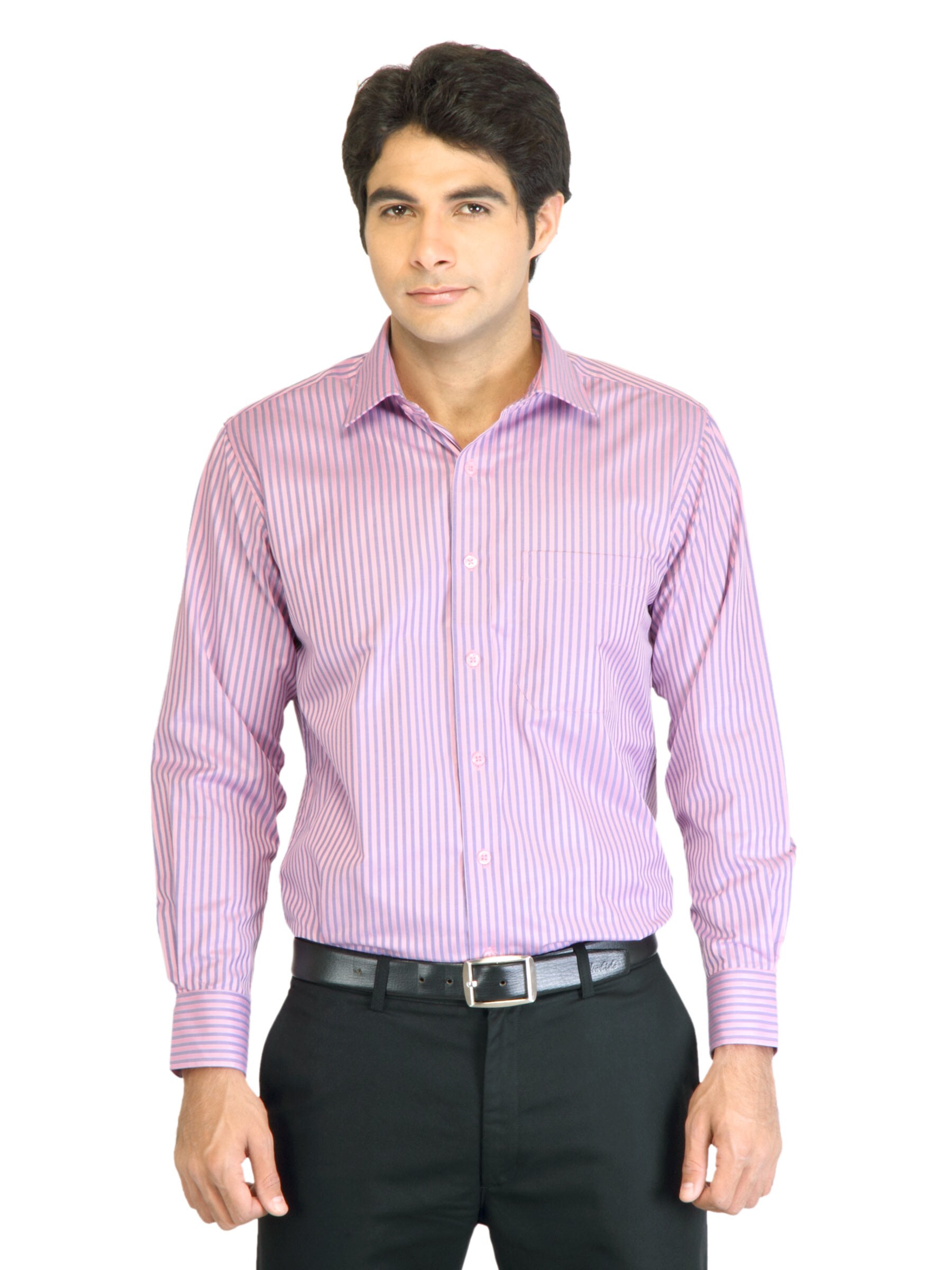 Peter England Men Stripes Pink Shirt