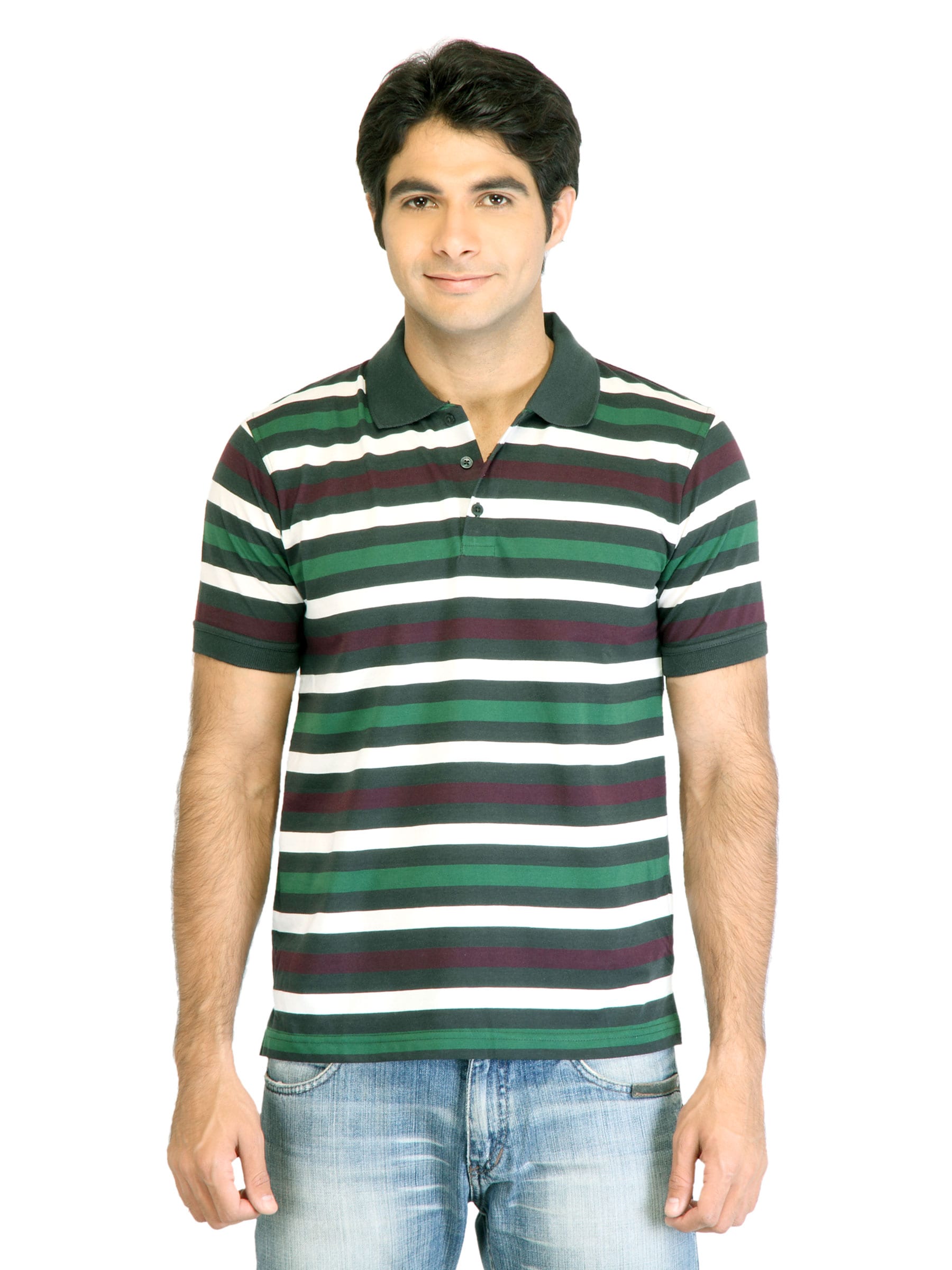 Peter England Men Stripes Green Polo T-Shirt