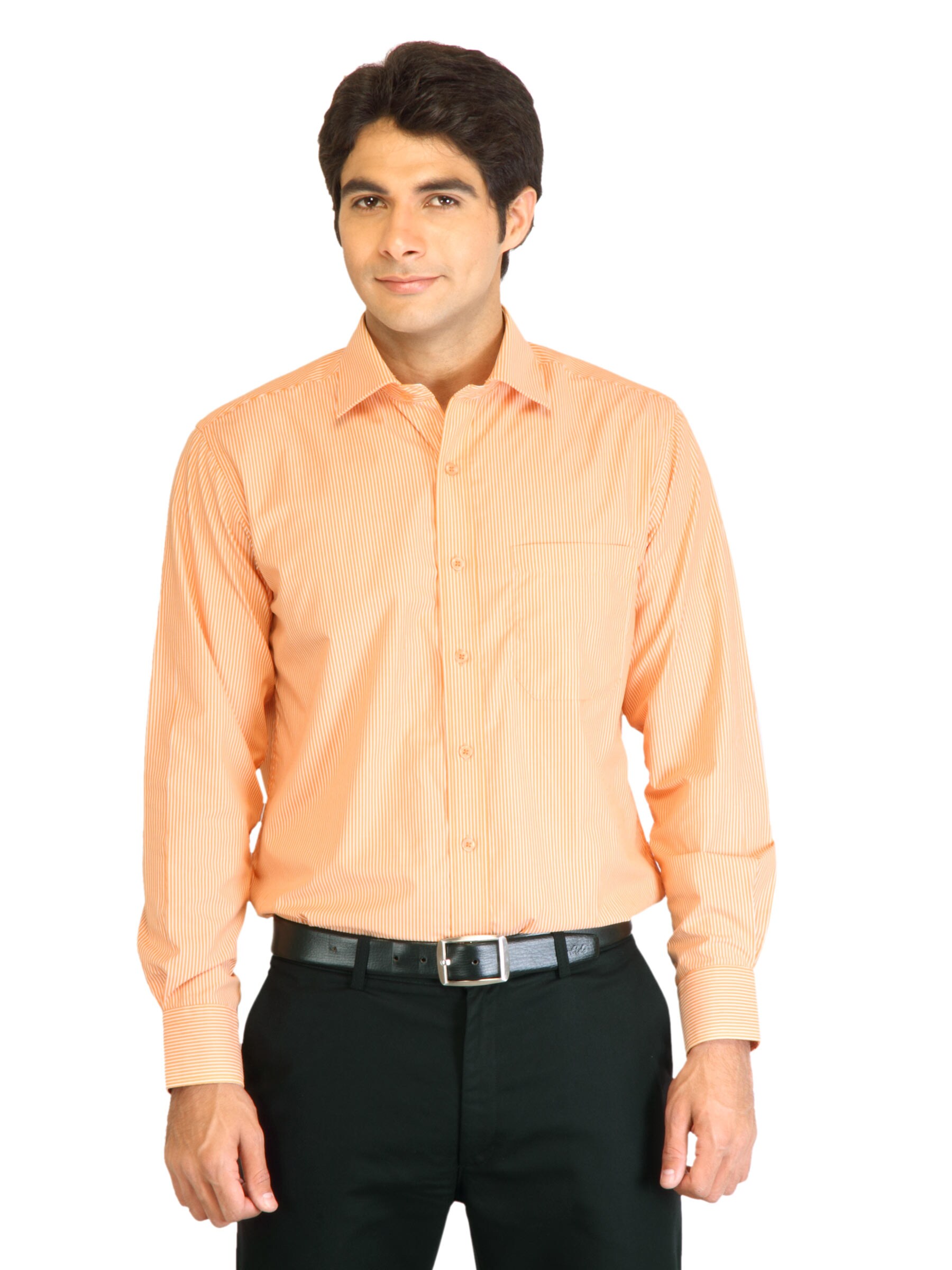 Peter England Men Stripes Orange Shirt