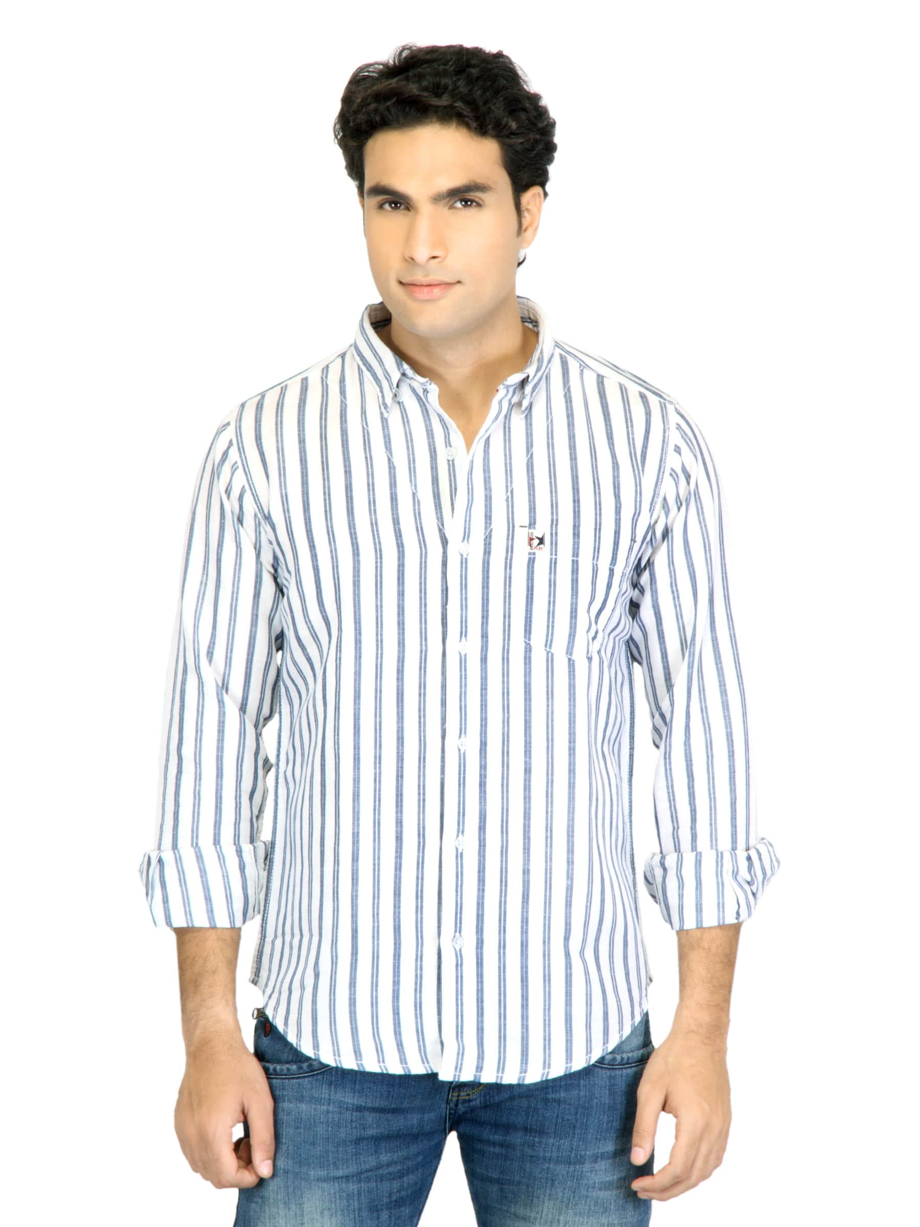 Basics Men White Slim Fit Striped Shirt