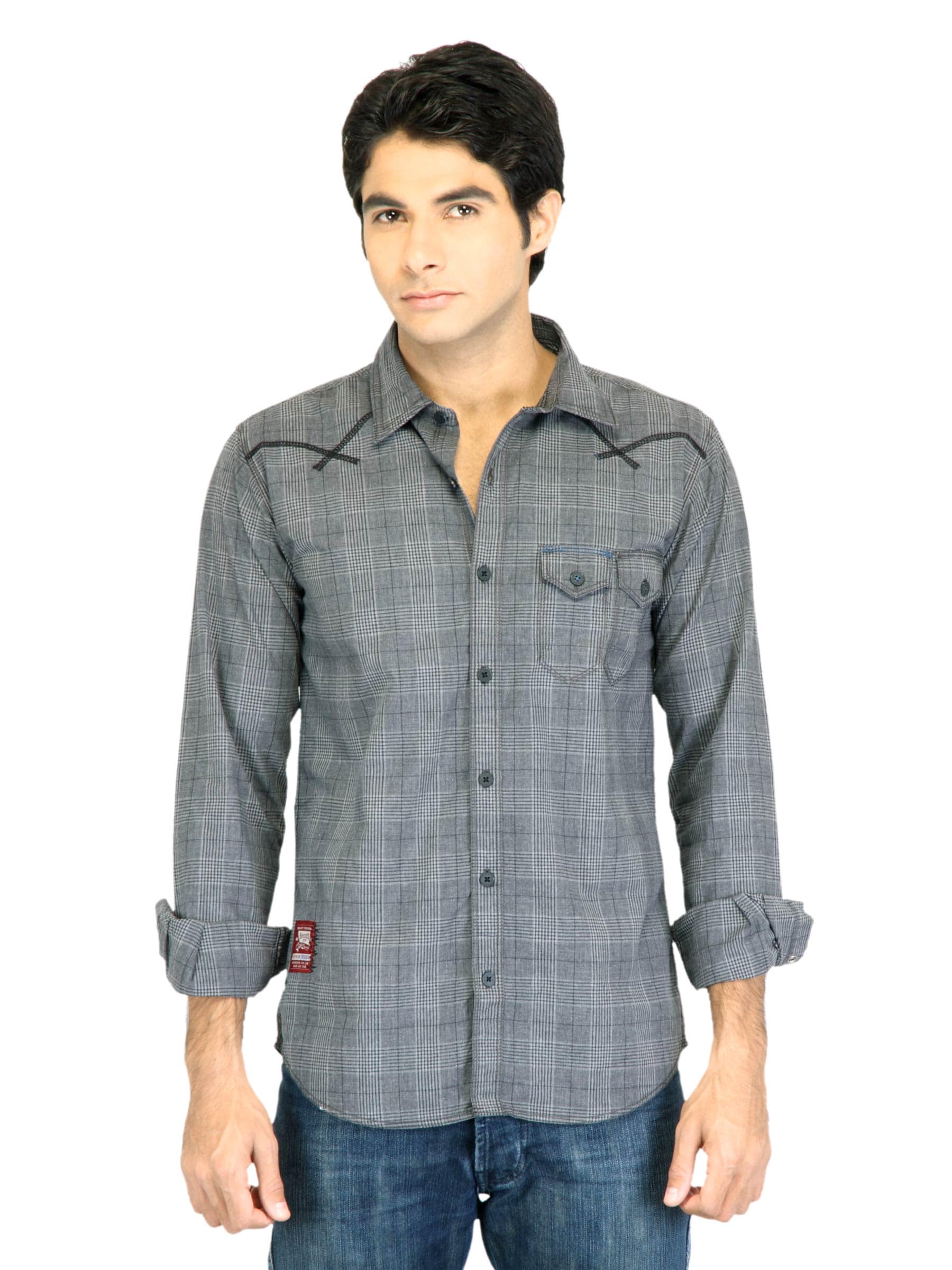 Basics Men Grey Slim Fit Checked Shirt