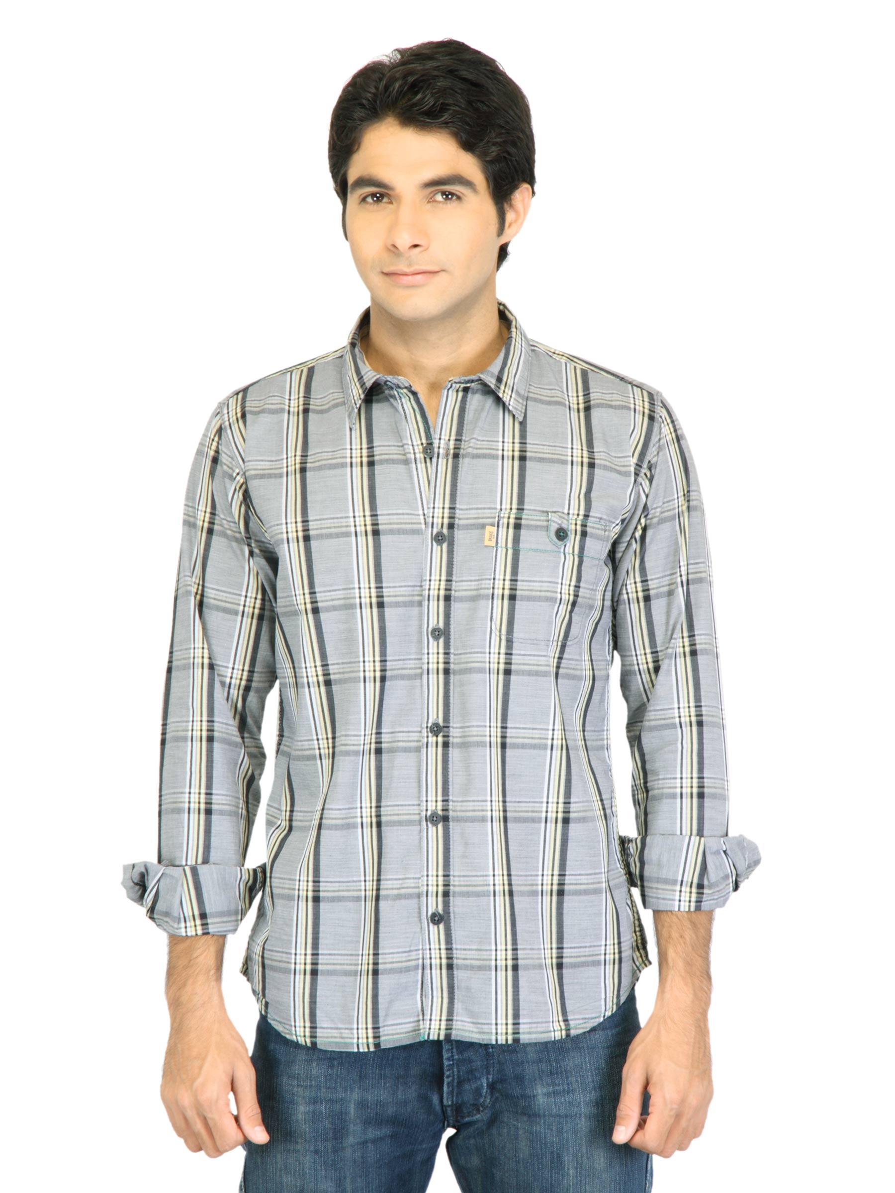 Basics Men Grey Slim Fit Checked Shirt