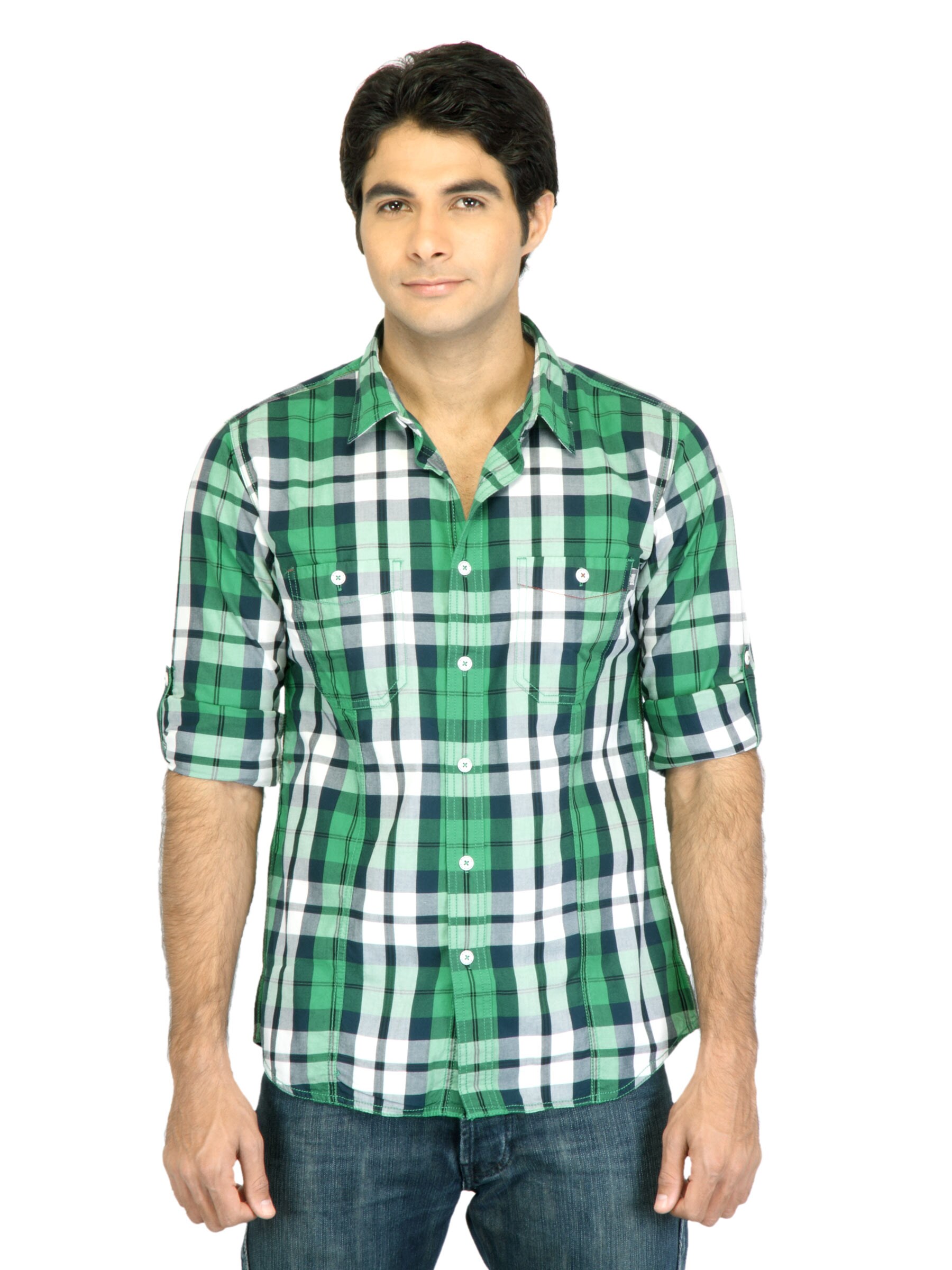 Basics Men Green Slim Fit Checked Shirt