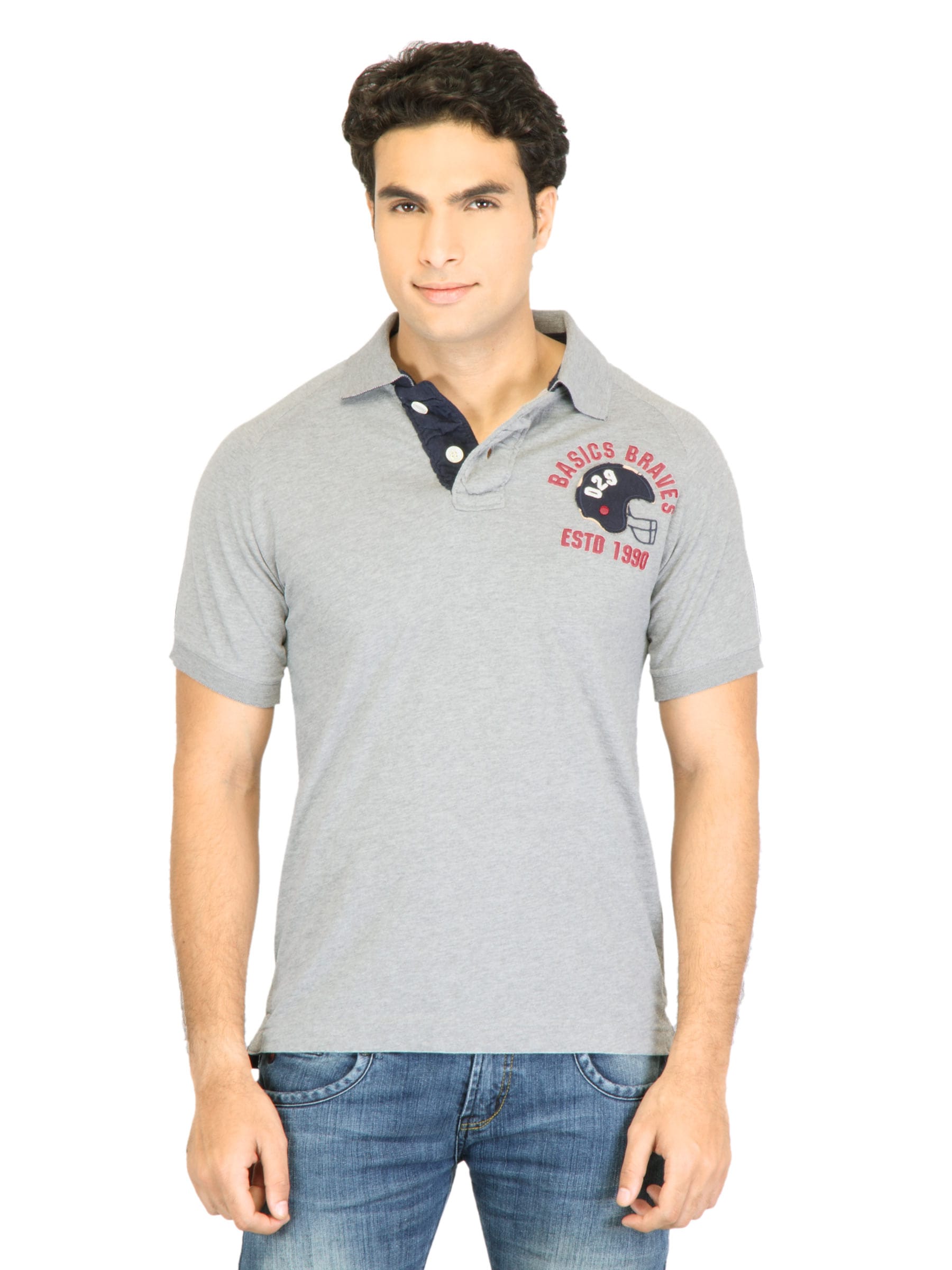 Basics Men Grey Printed Polo T-shirt