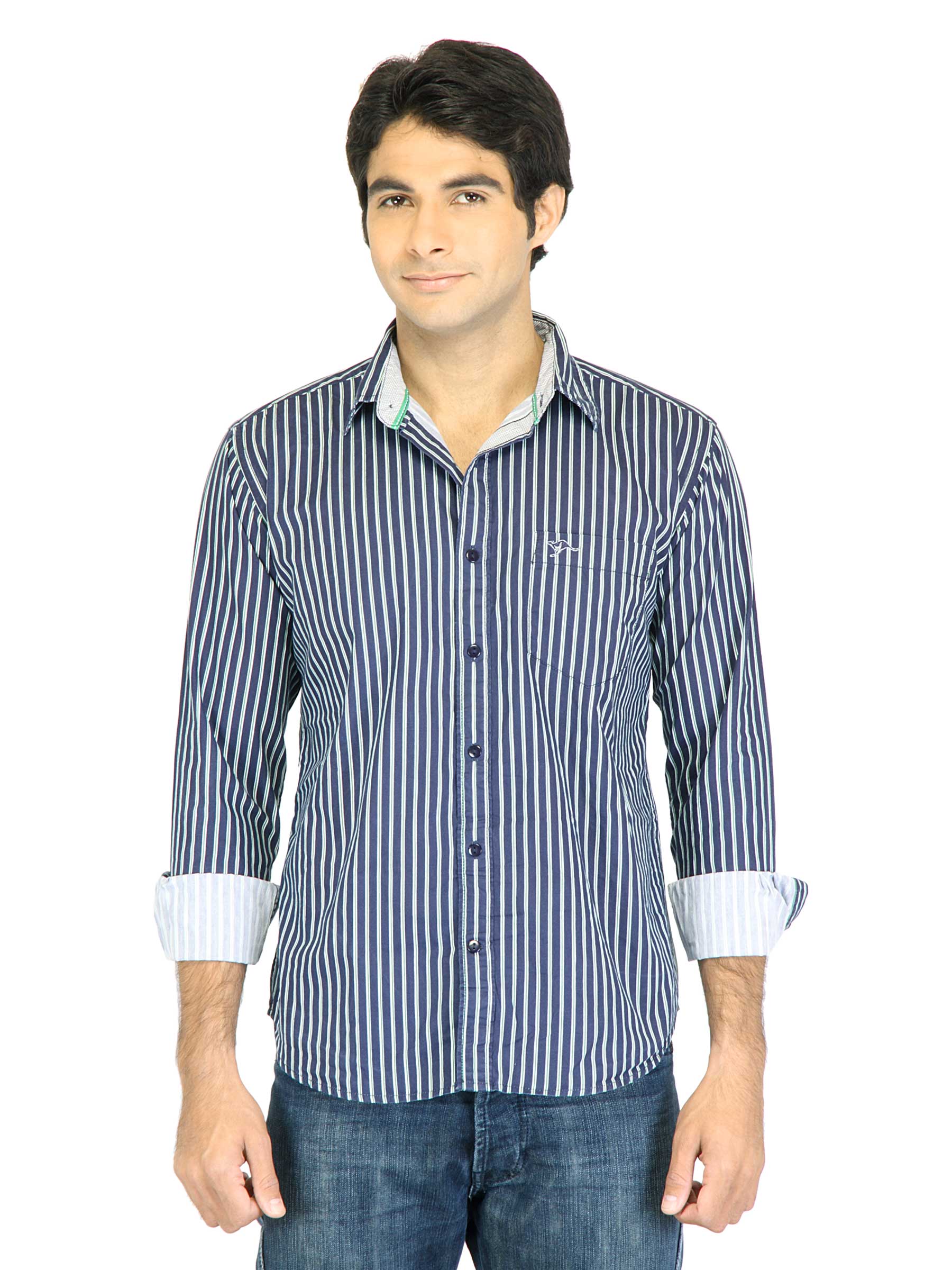 Highlander Men Stripes Navy Blue Shirt