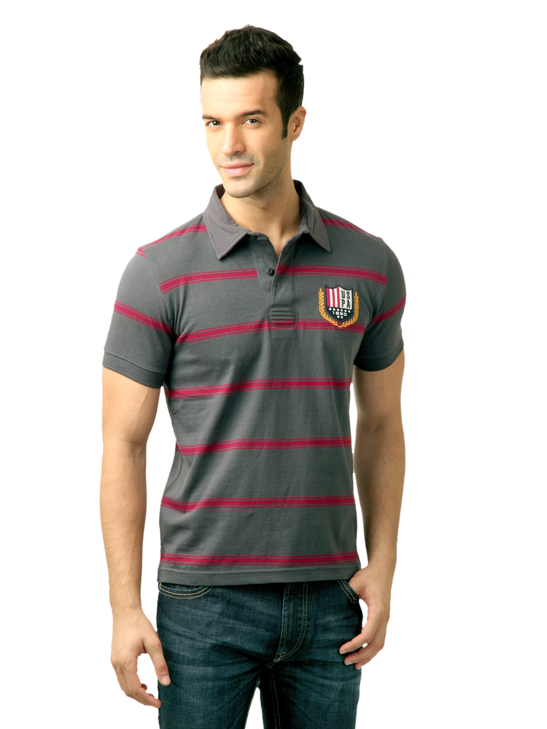 U.S. Polo Assn. Men Stripes Steel Grey Polo Tshirt