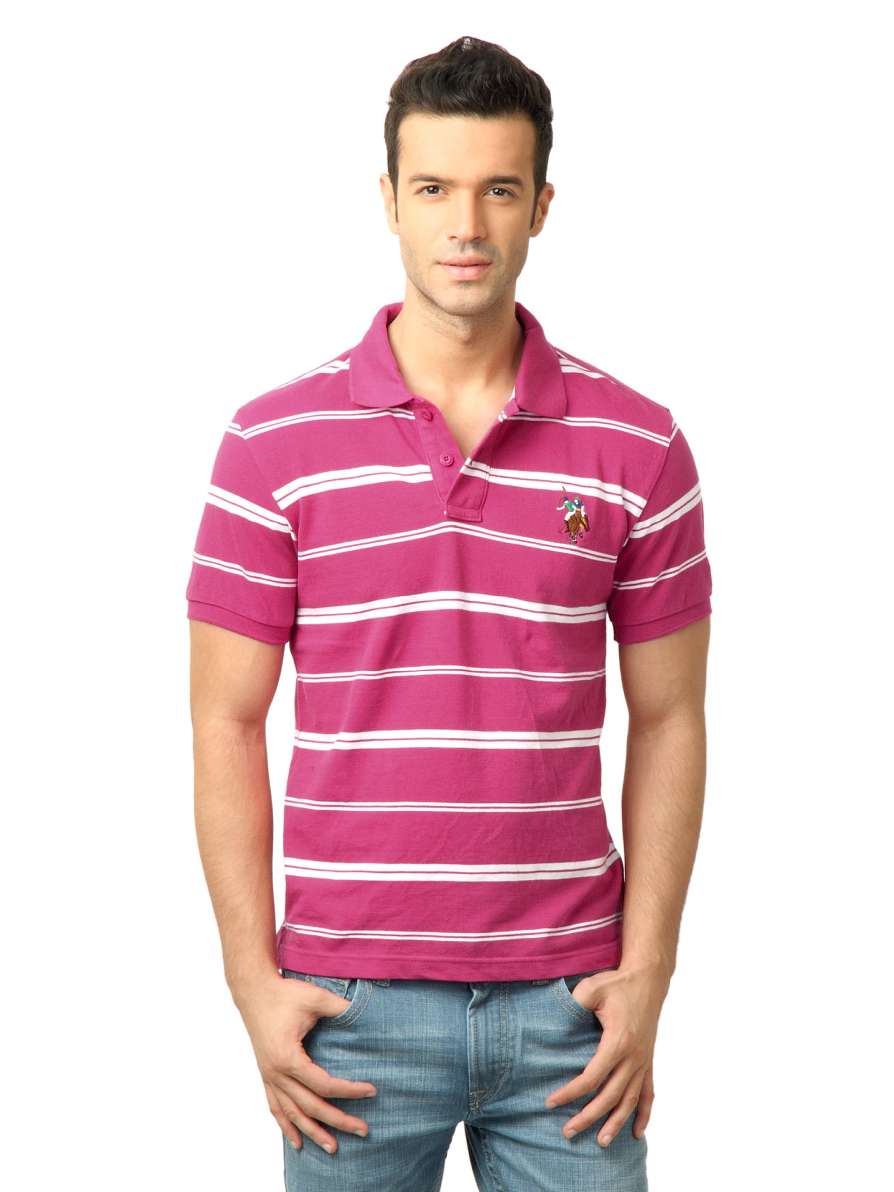 U.S. Polo Assn. Men Stripes Raspberry Wine Polo Tshirt