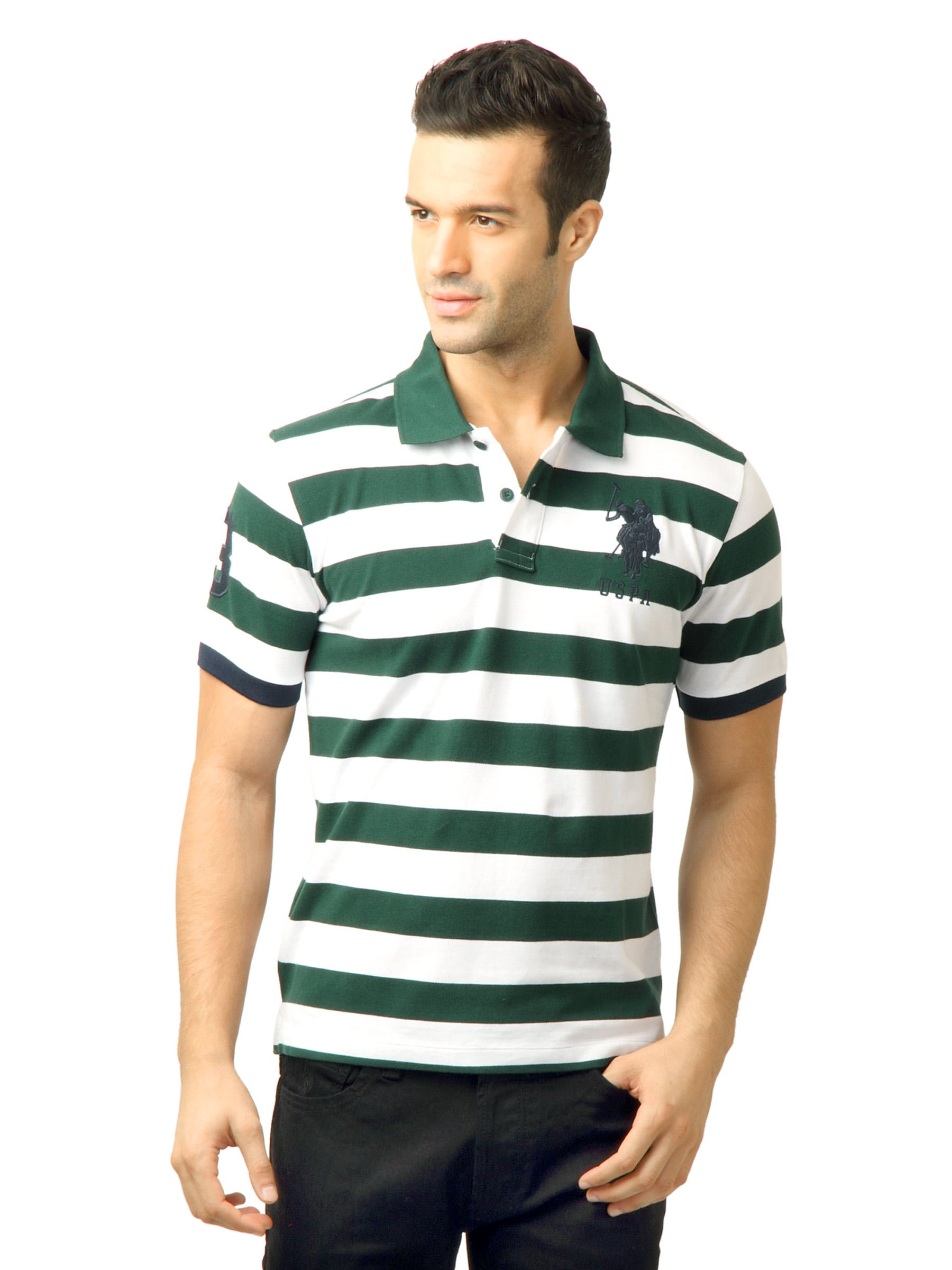 U.S. Polo Assn. Men Stripes Green Polo Tshirt