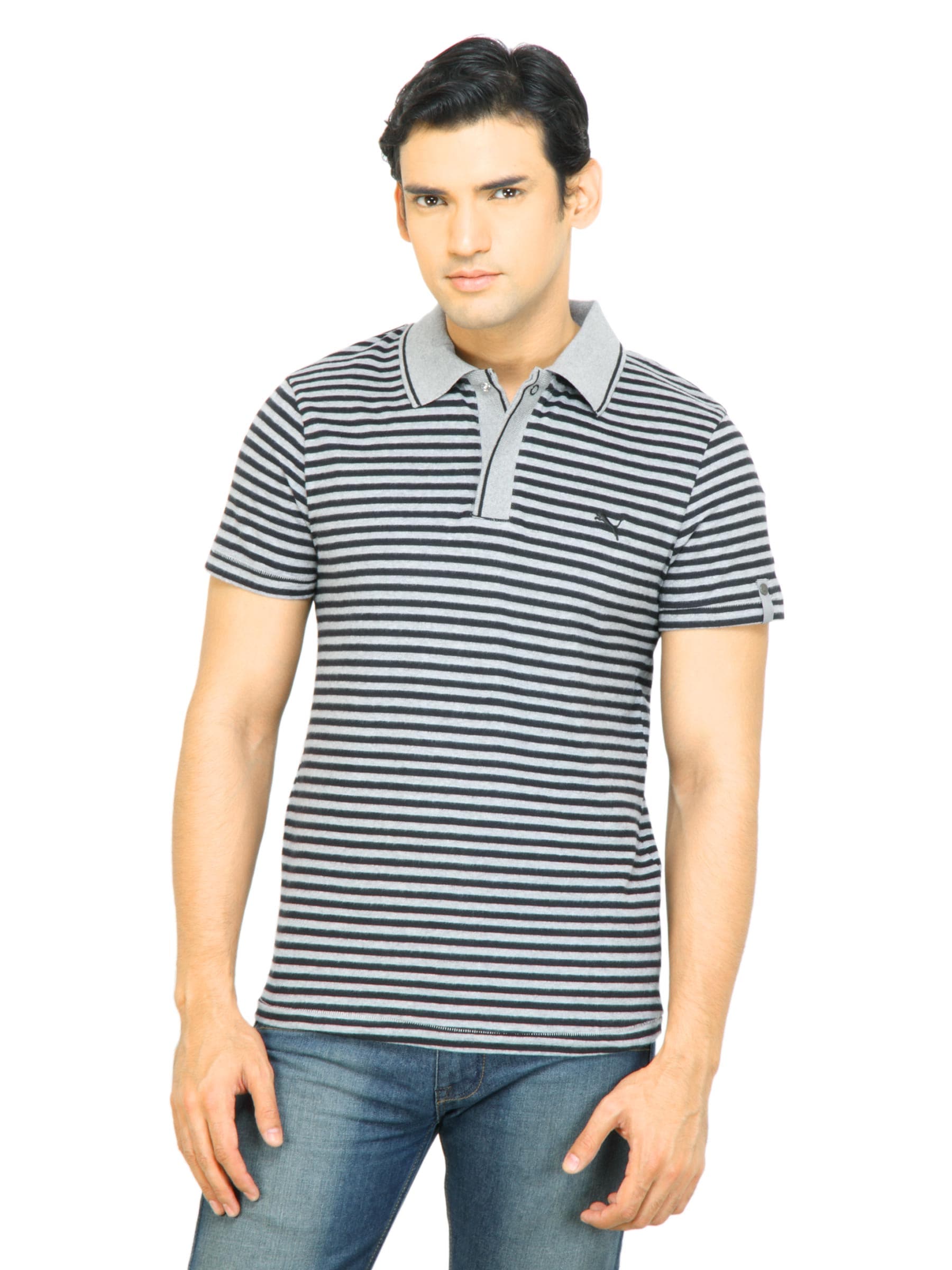 Puma Men Polo Striped Jersey Grey Tshirt