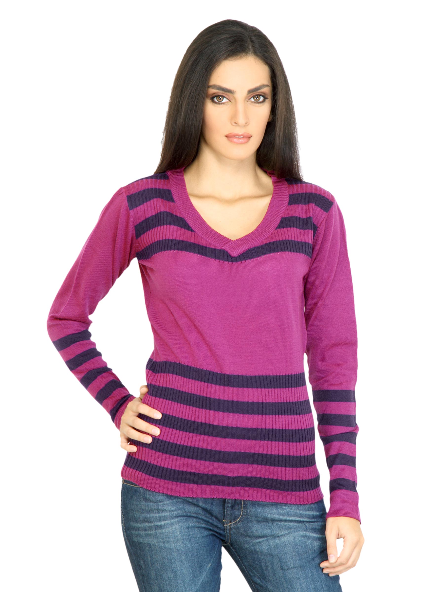 Jealous 21 Women Stripes Purple Sweater