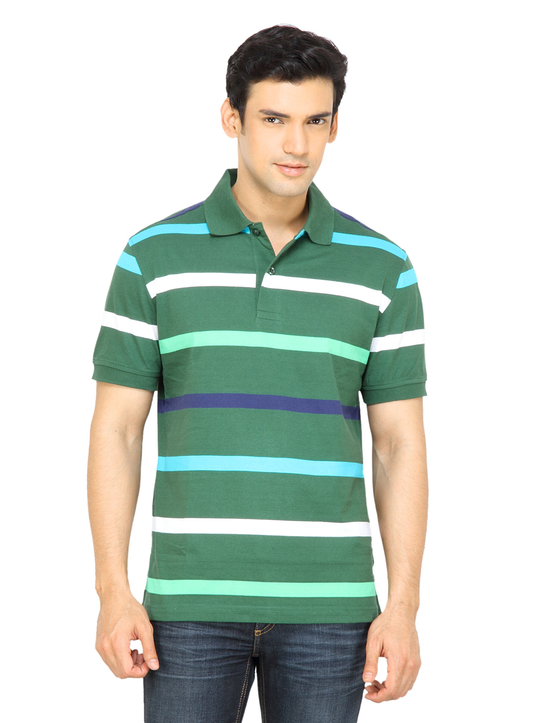 Wills Lifestyle Men Striped Green T-shirt